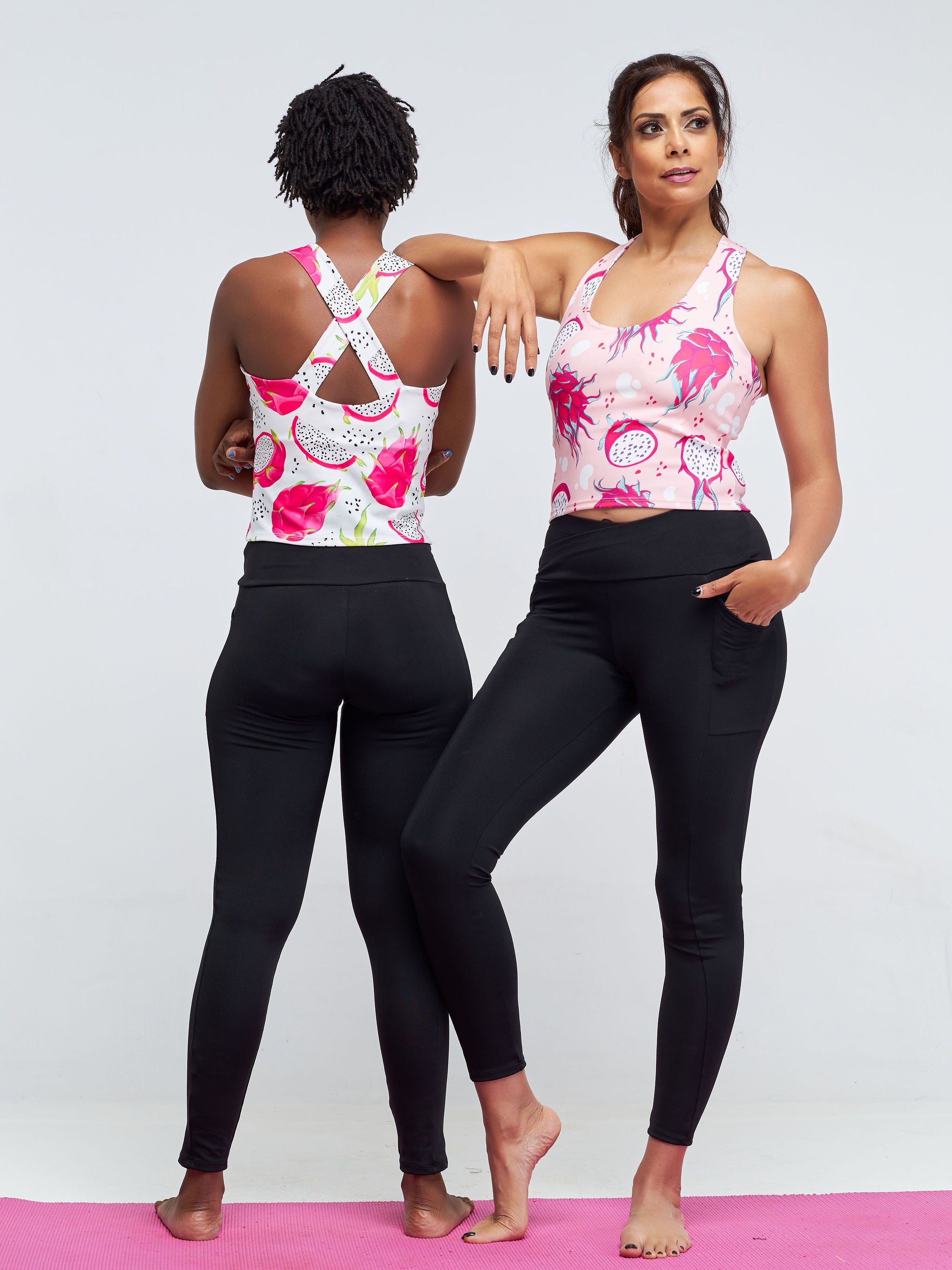 Vivo X Pinky Sleeveless Crossback Fitness Midriff Top - White / Pink Abstract Print