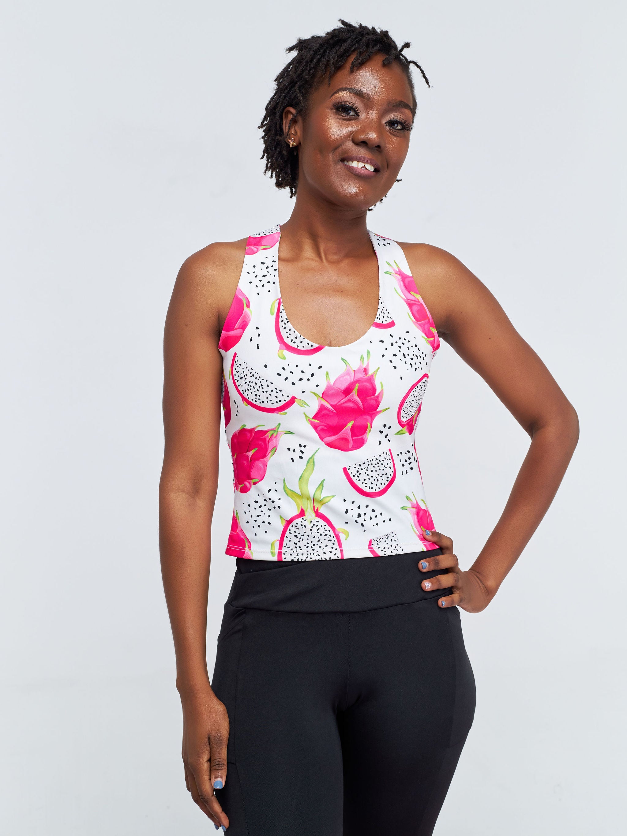 Vivo X Pinky Sleeveless Crossback Fitness Midriff Top - White / Pink Abstract Print