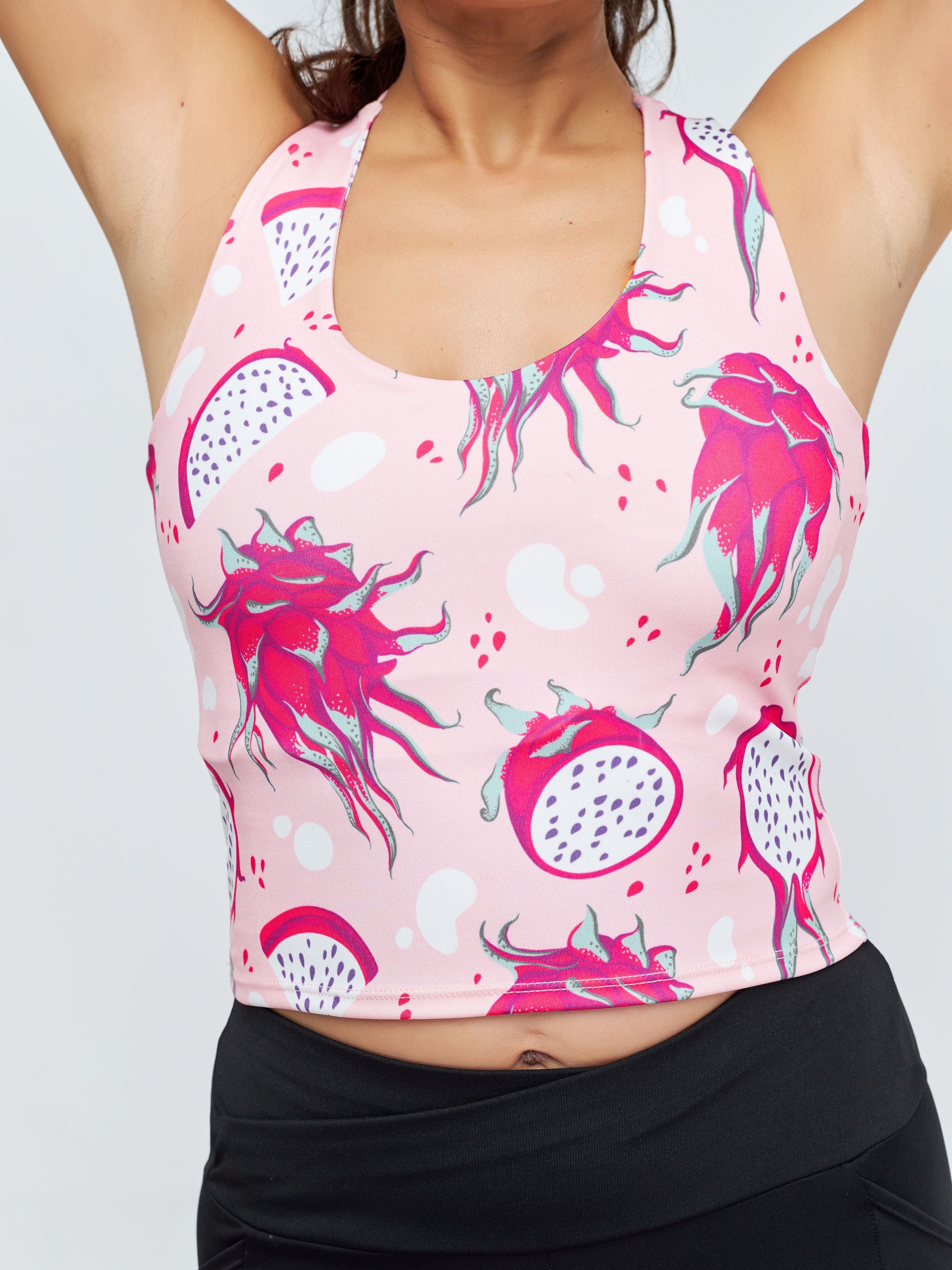 Vivo X Pinky Sleeveless Crossback Fitness Midriff Top - Pink / Dark Pink Abstract Print