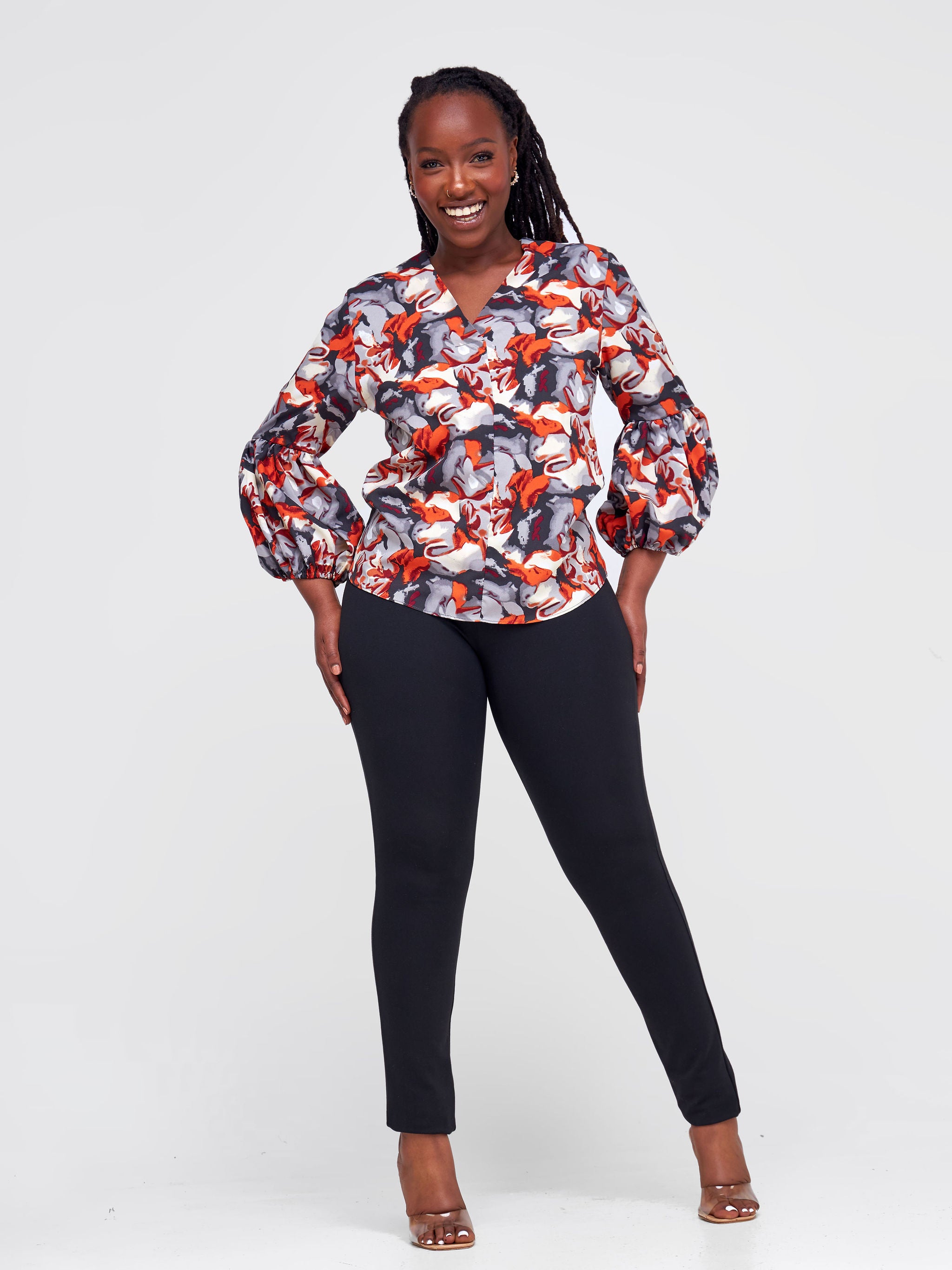 Vivo Zena Panel Long Sleeve V Neck Top - Orange / Grey Abstract Print