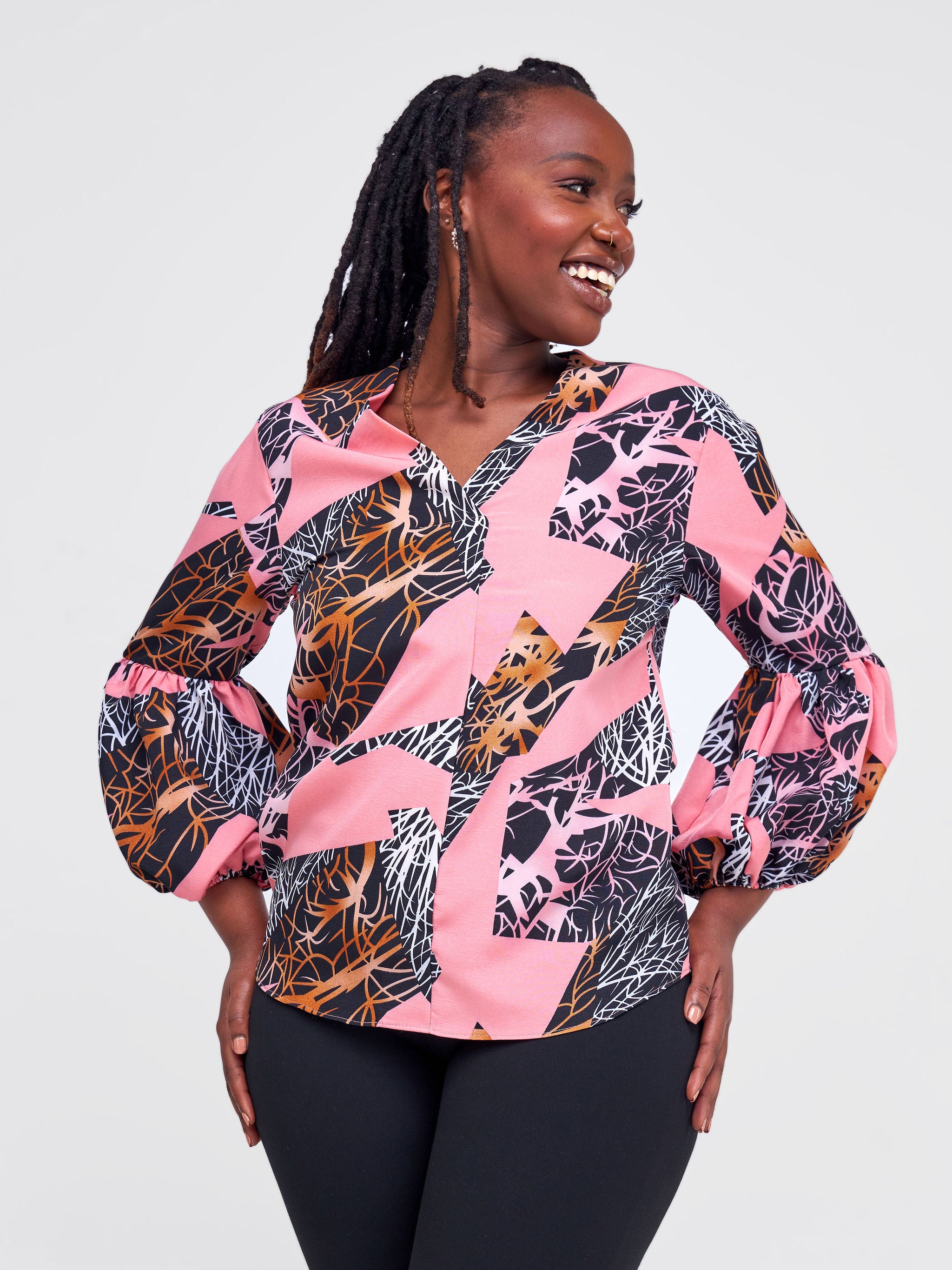 Vivo Zena Panel Long Sleeve V Neck Top - Pink / Black Abstract Print