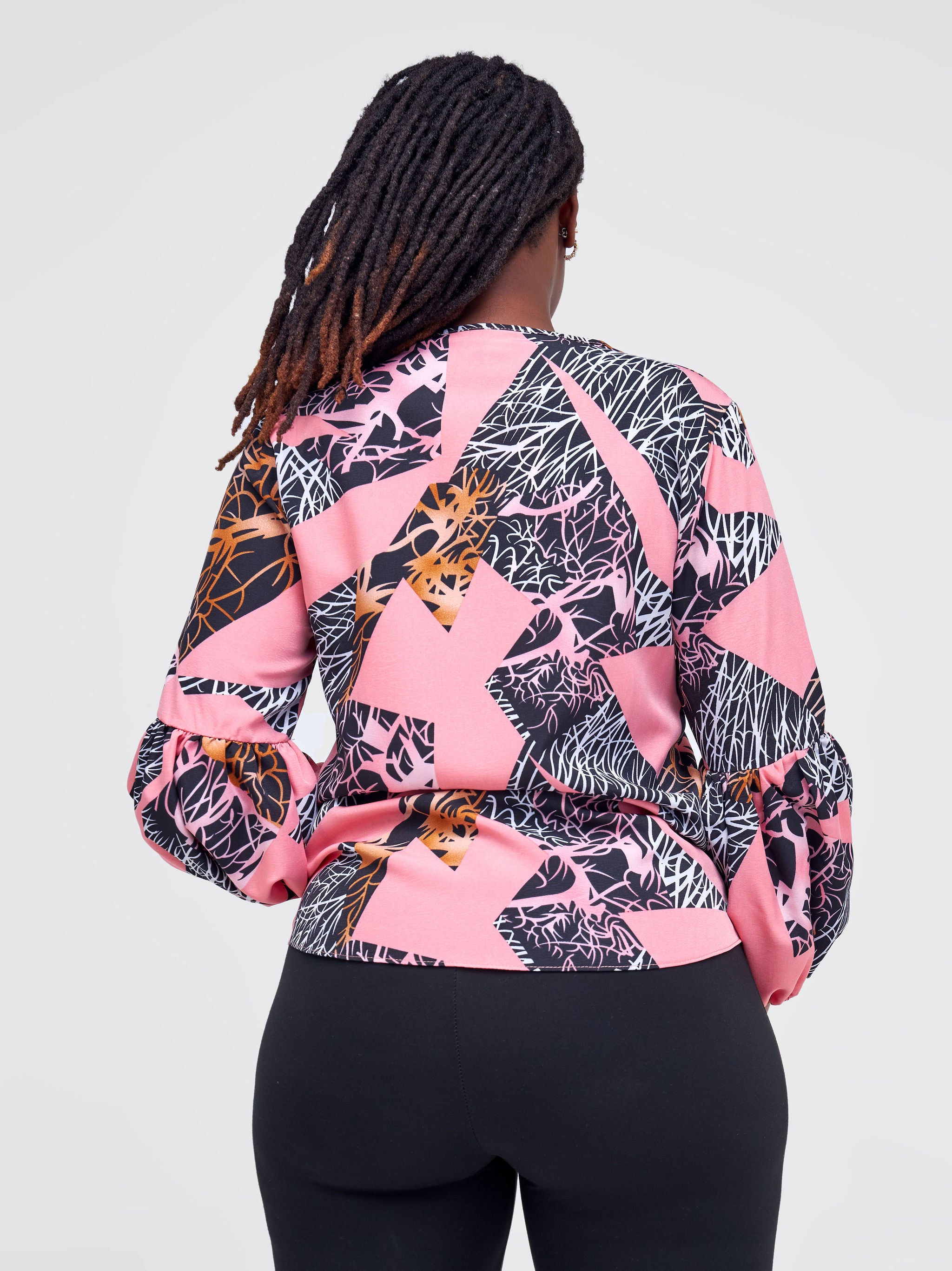 Vivo Zena Panel Long Sleeve V Neck Top - Pink / Black Abstract Print