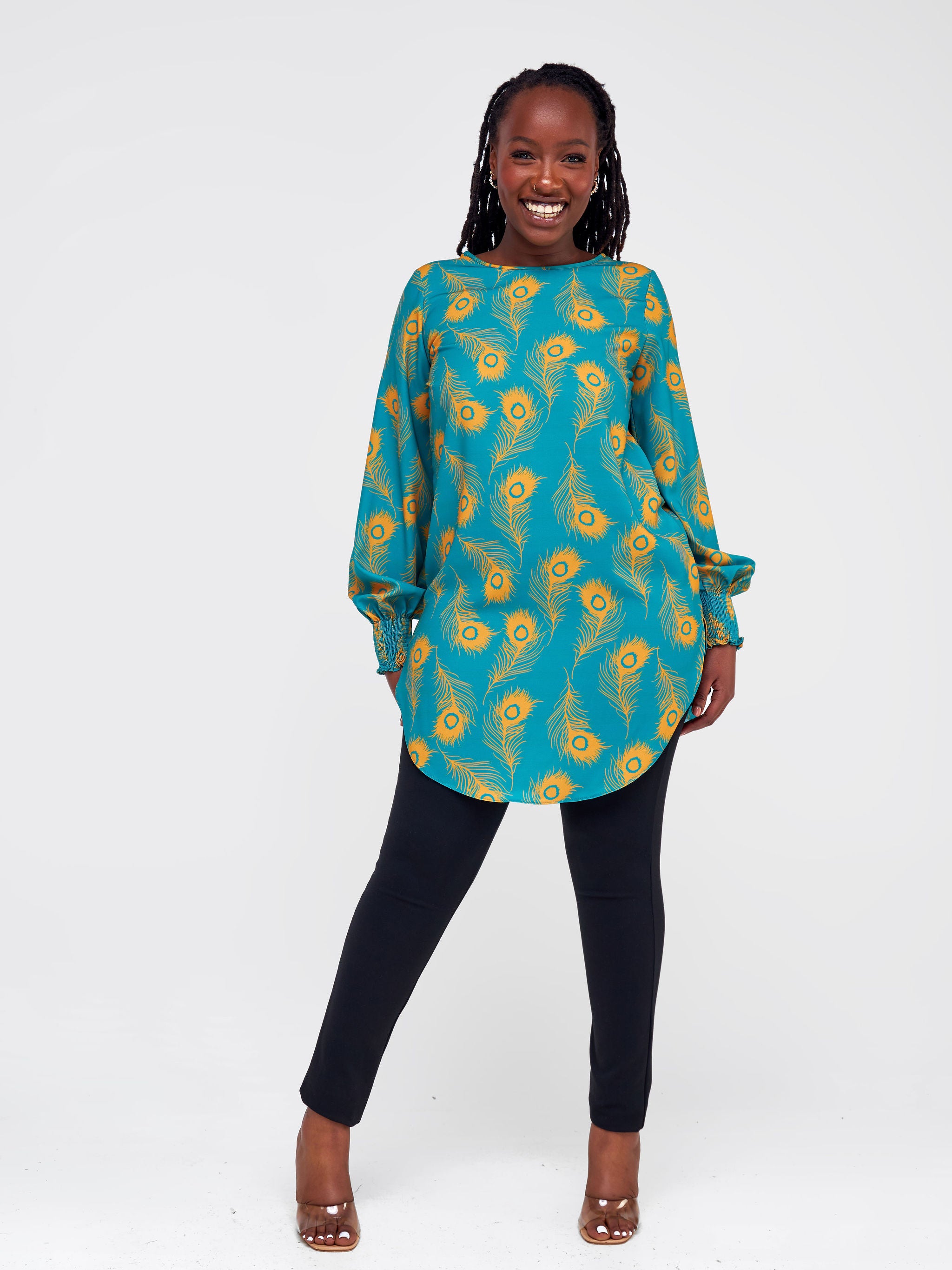 Vivo Basic Shirred Sleeve Dress Top - Teal / Mustard Abstract Print