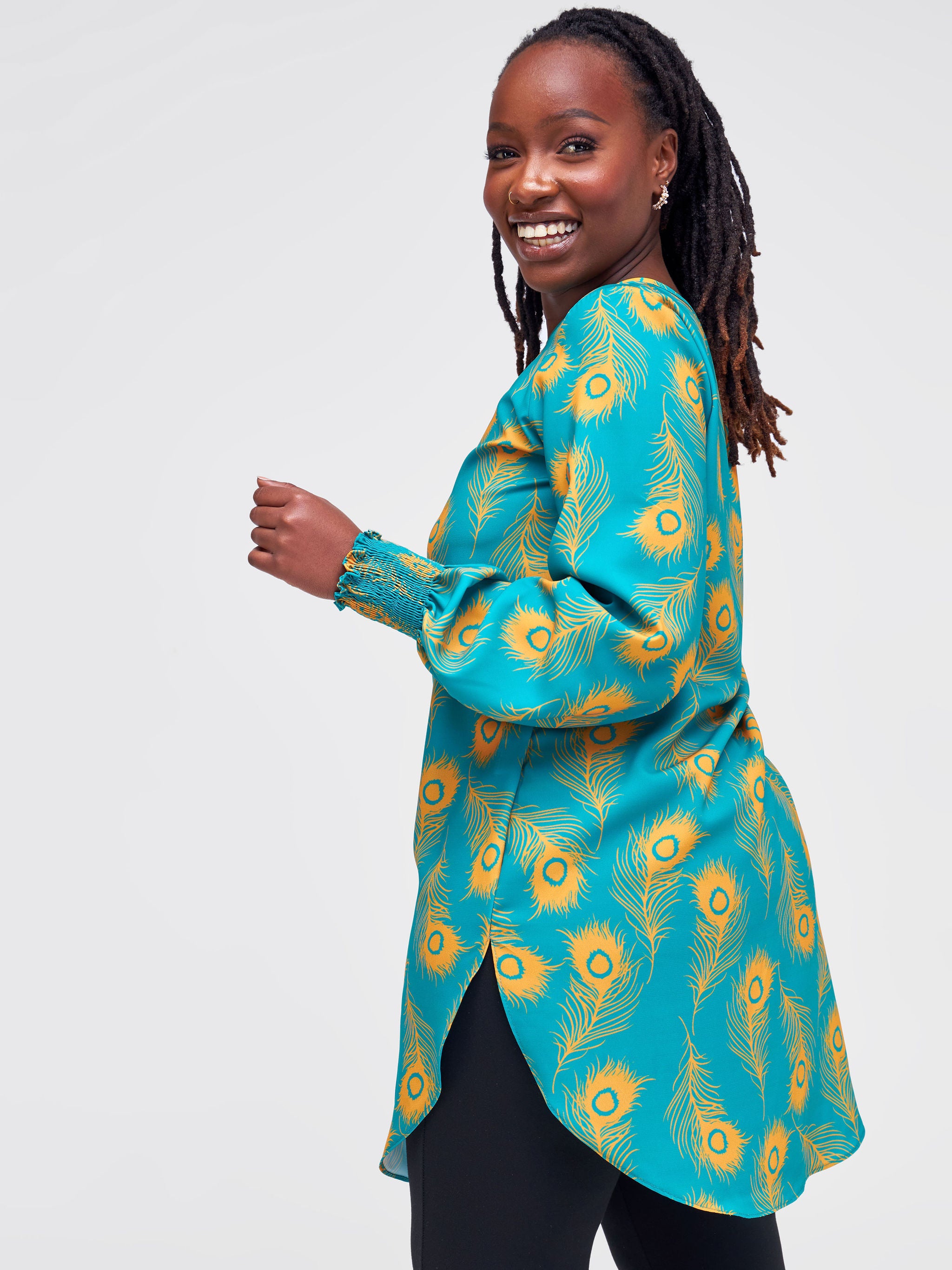 Vivo Basic Shirred Sleeve Dress Top - Teal / Mustard Abstract Print