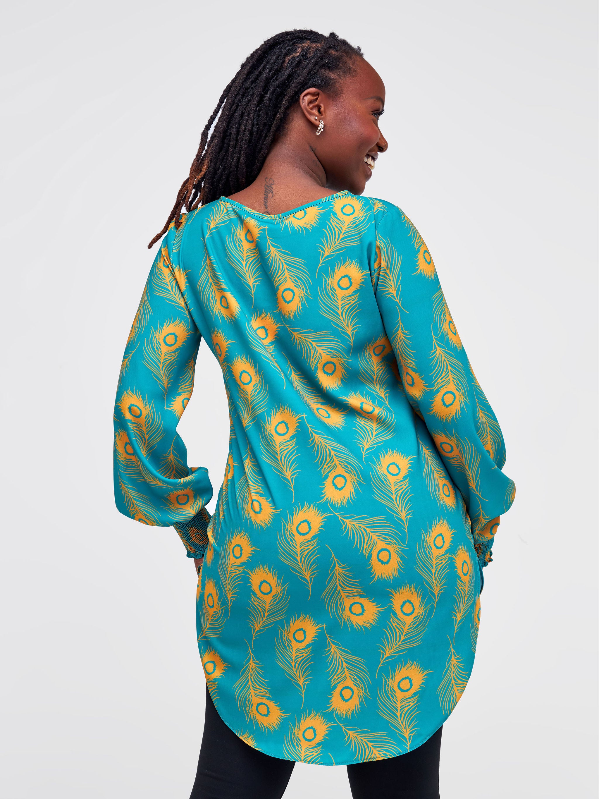 Vivo Basic Shirred Sleeve Dress Top - Teal / Mustard Abstract Print