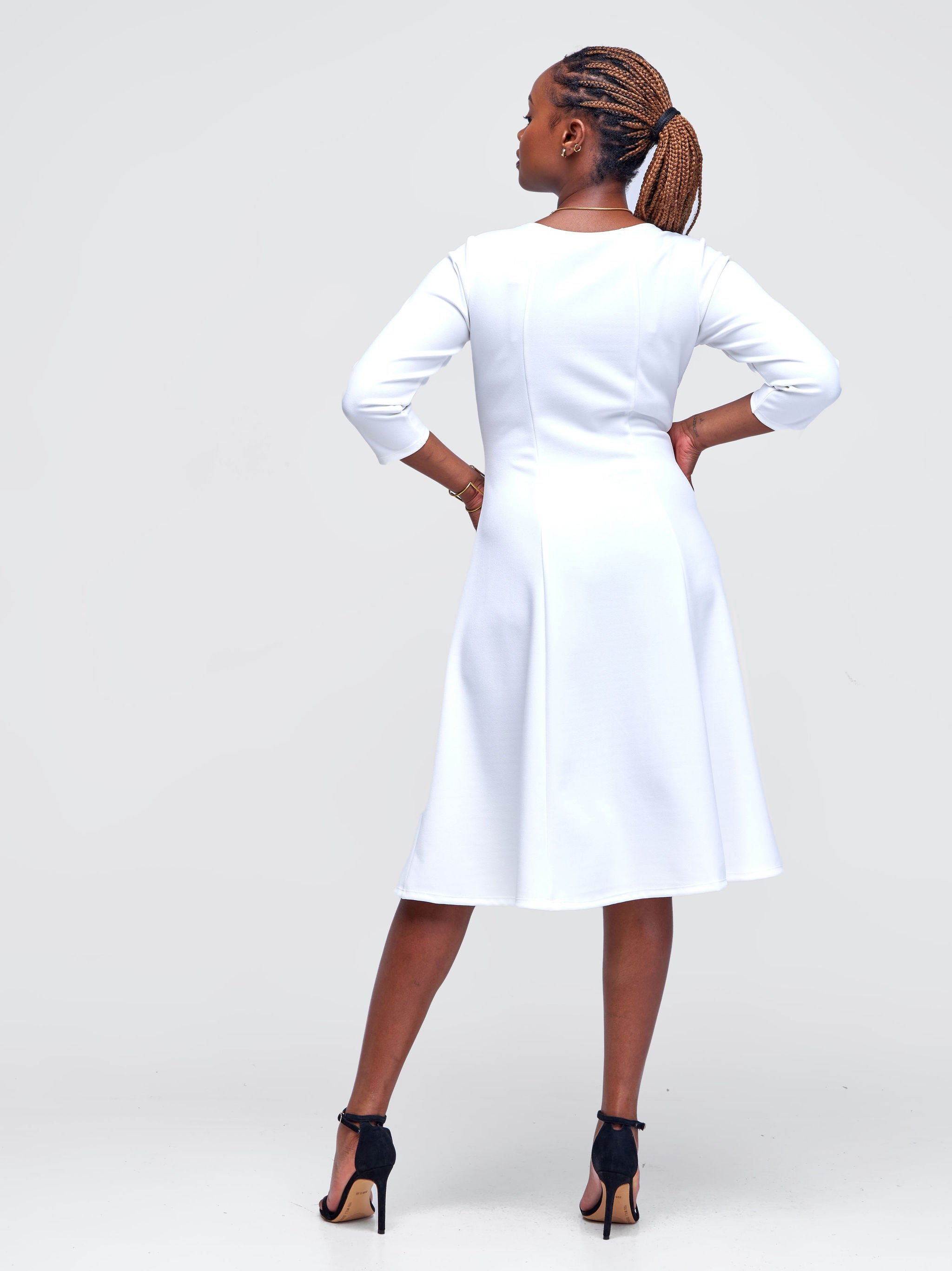 Vivo Basic 3/4 Sleeve Escape A-Line Dress - White