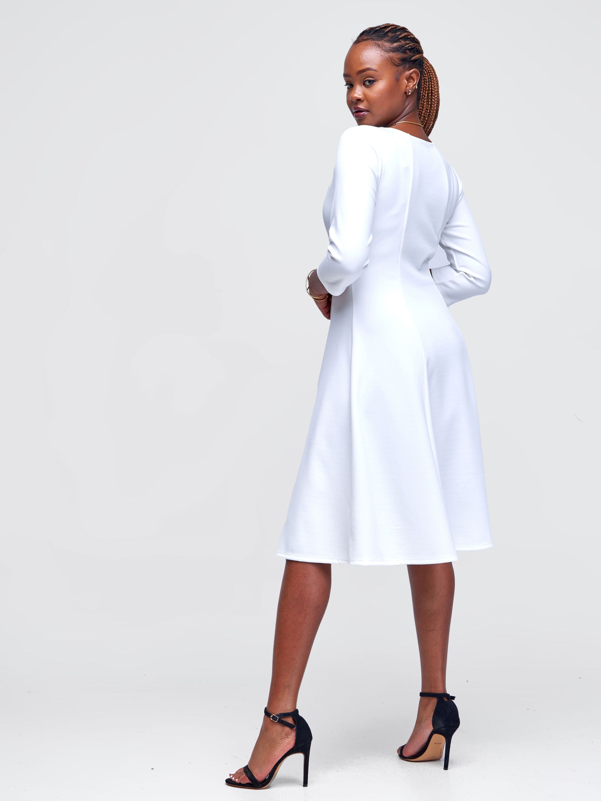 Vivo Basic 3/4 Sleeve Escape A-Line Dress - White