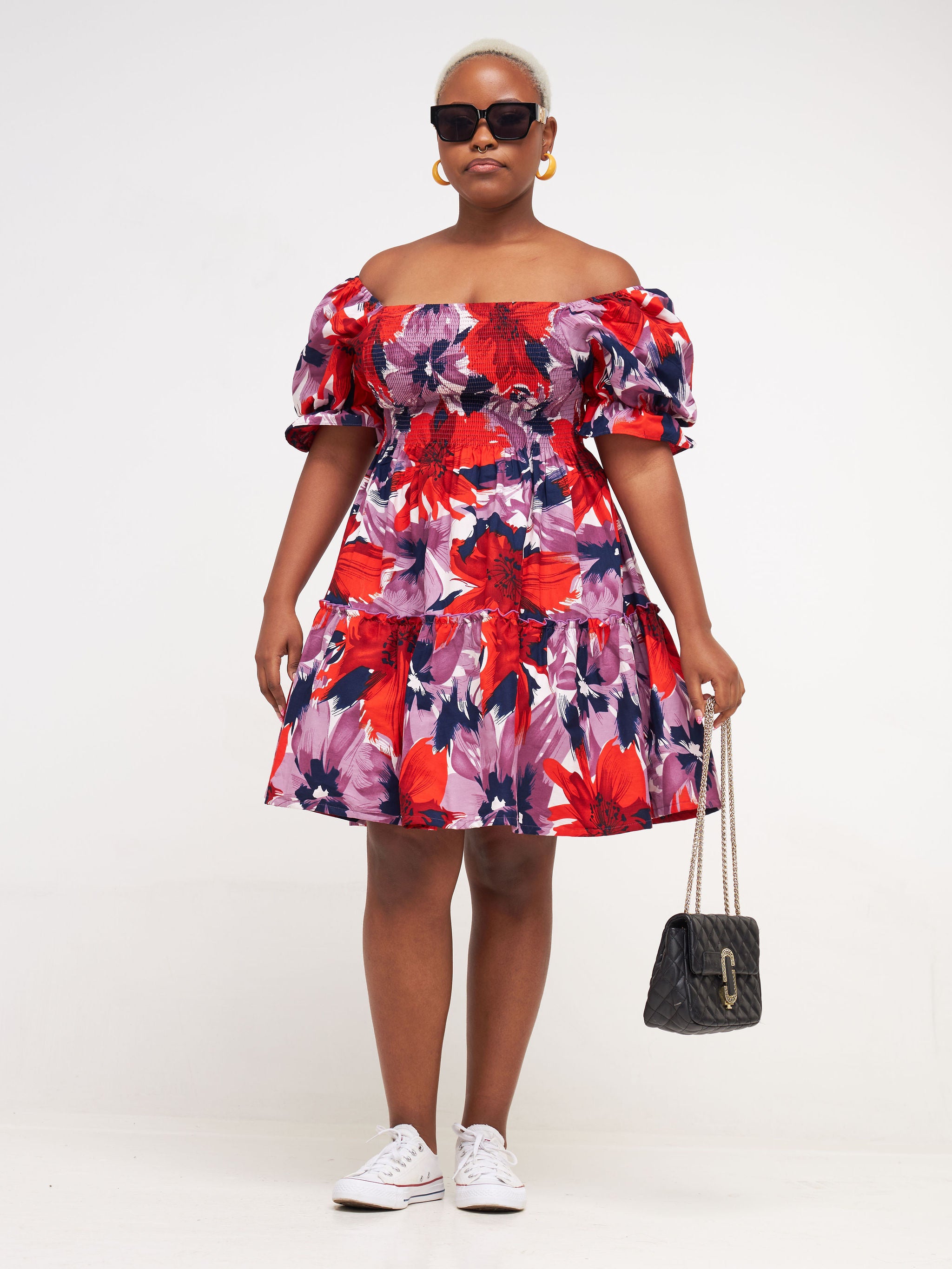 Safari Nimali Bustier Knee Length Dress - Purple / Red Ankara Print