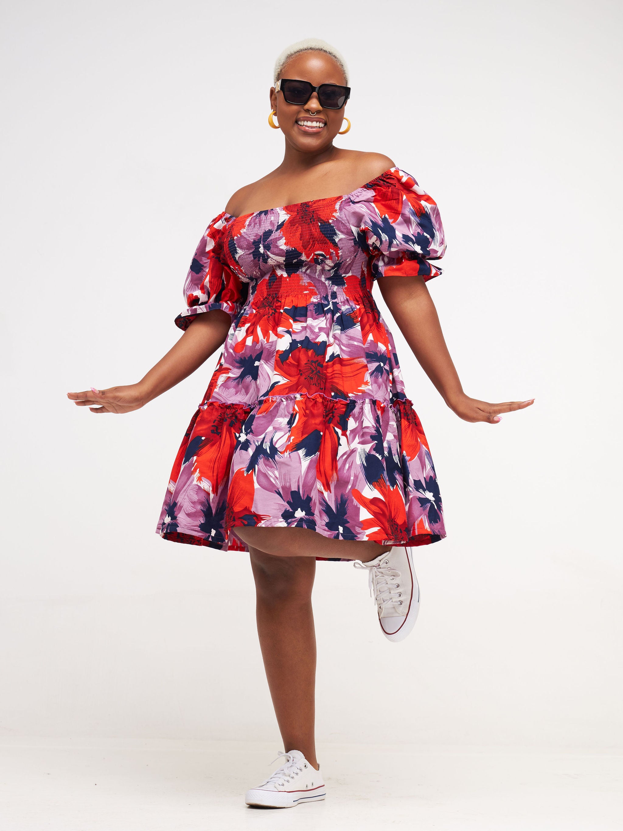 Safari Nimali Bustier Knee Length Dress - Purple / Red Ankara Print