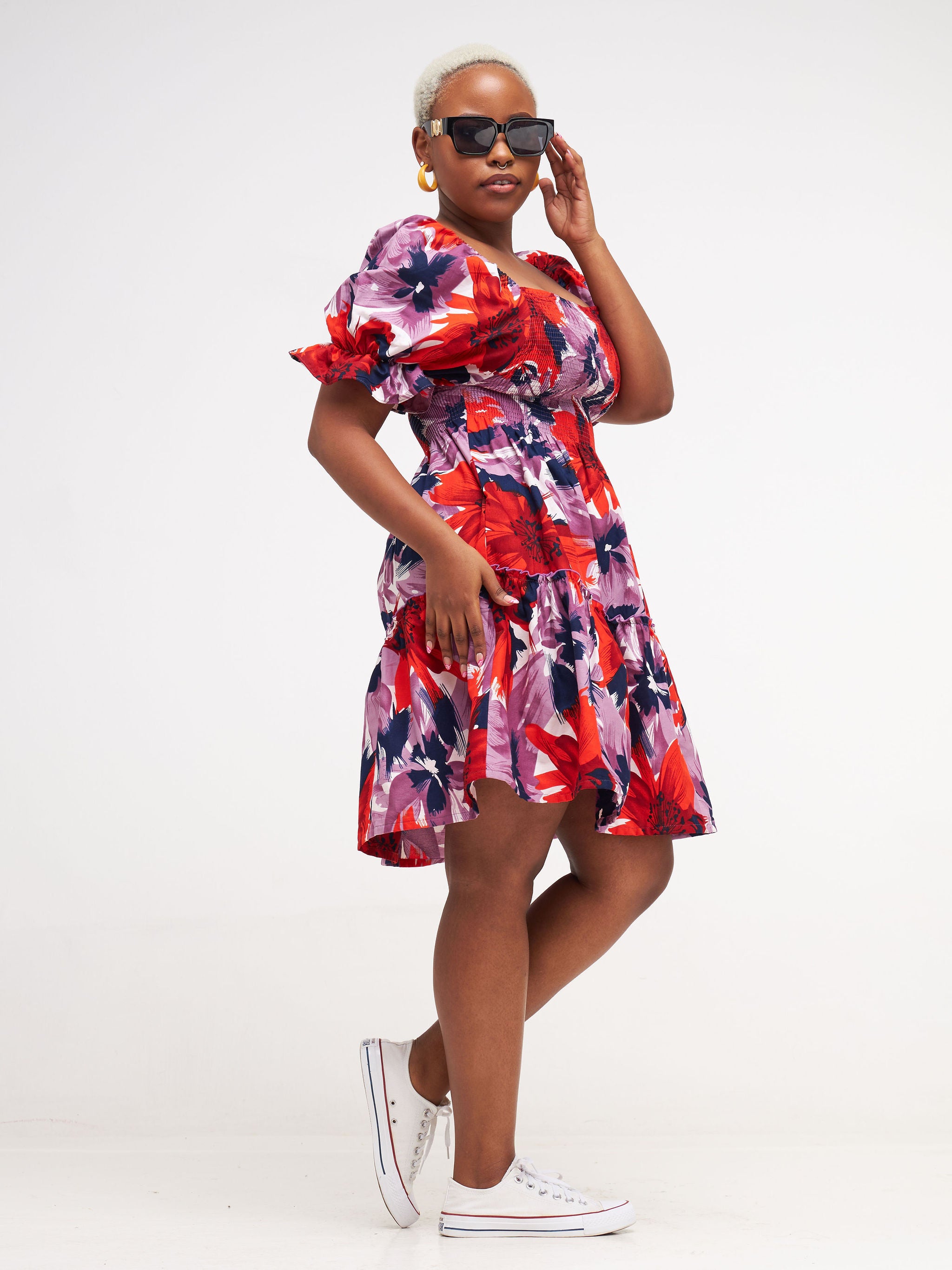 Safari Nimali Bustier Knee Length Dress - Purple / Red Ankara Print