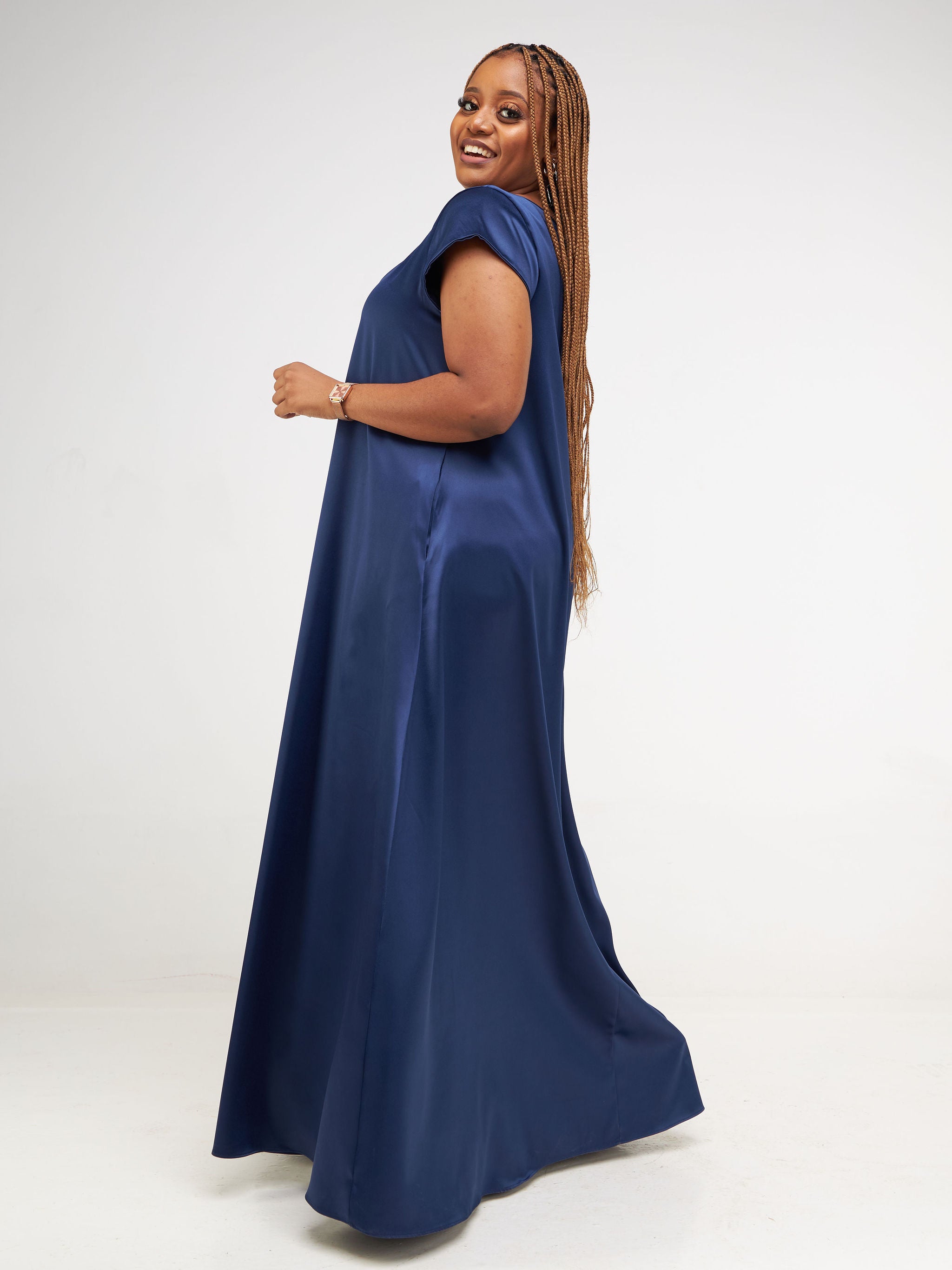 Vivo Basic Satin Cap Sleeve Maxi Dress - Navy