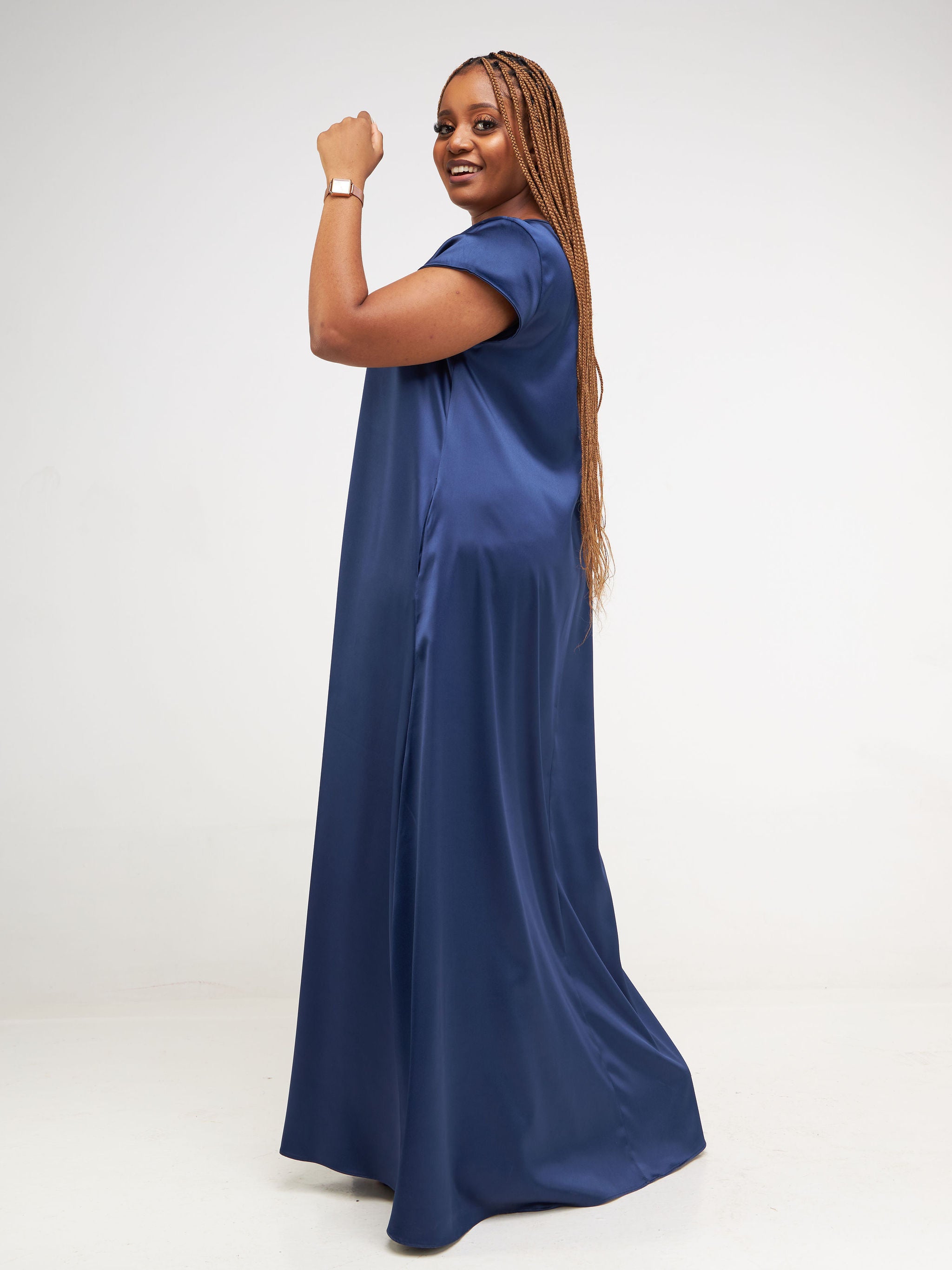 Vivo Basic Satin Cap Sleeve Maxi Dress - Navy