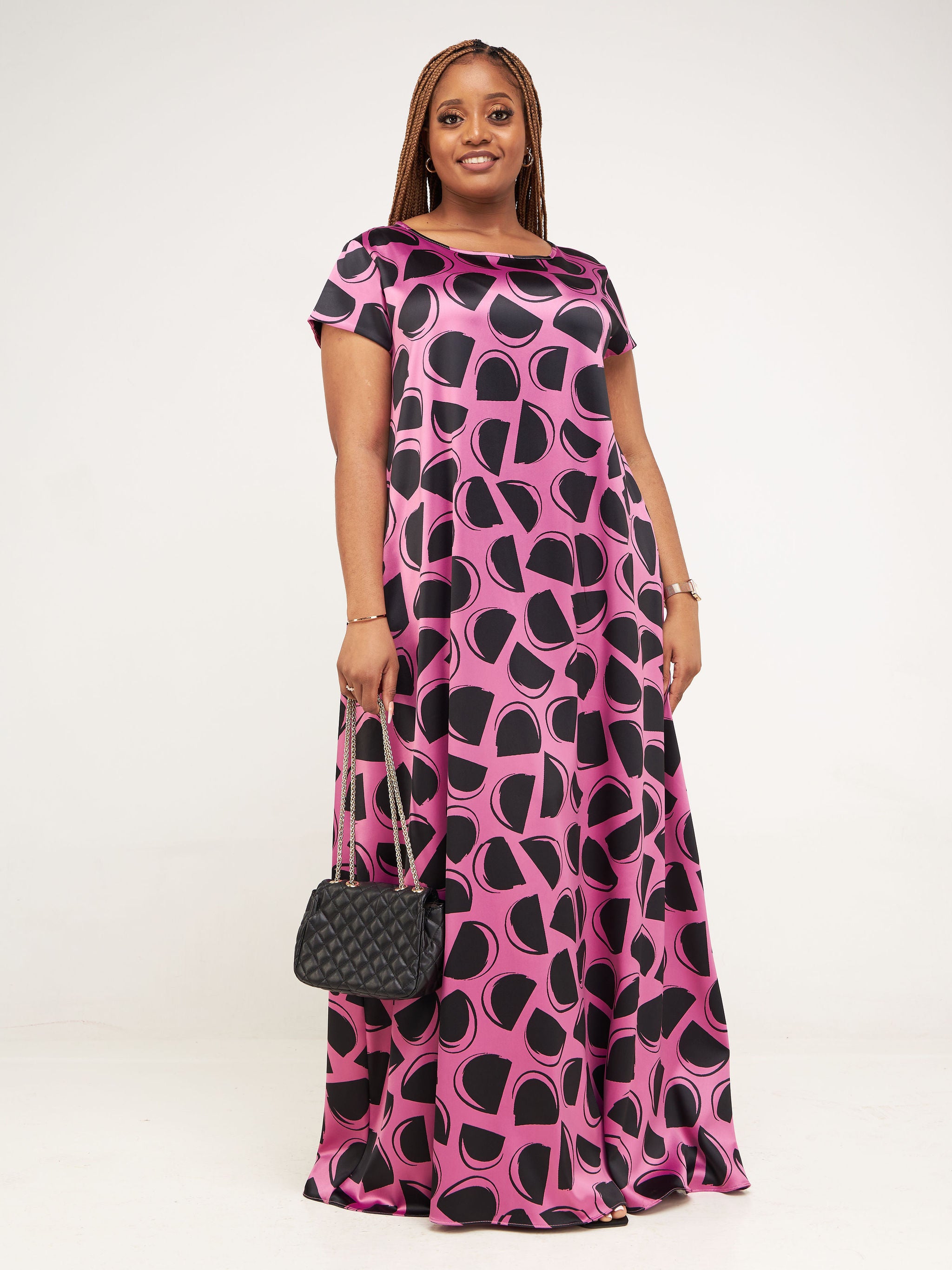 Vivo Basic Satin Cap Sleeve Tent Maxi Dress - Pink / Black Abstract Print