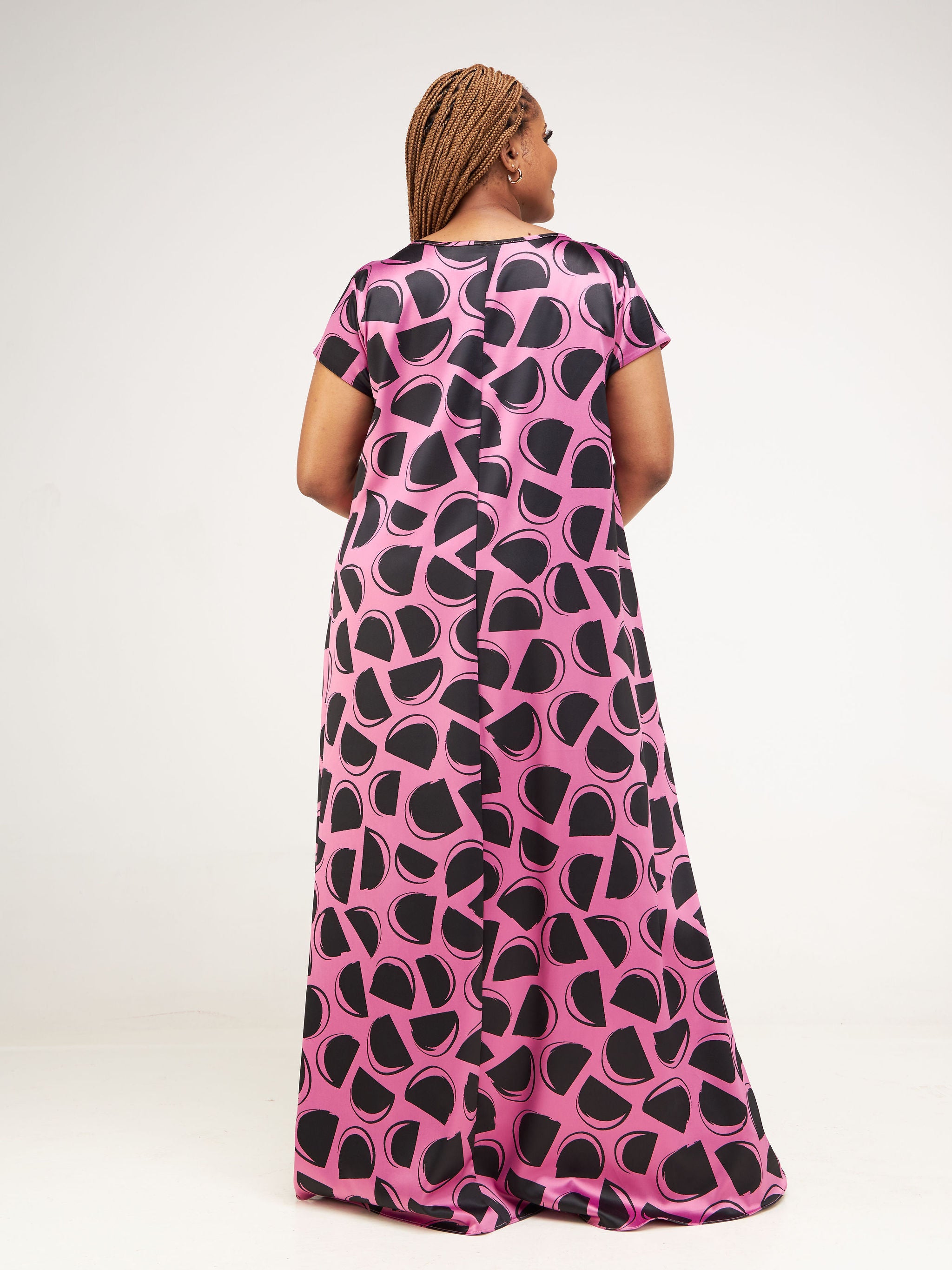 Vivo Basic Satin Cap Sleeve Tent Maxi Dress - Pink / Black Abstract Print