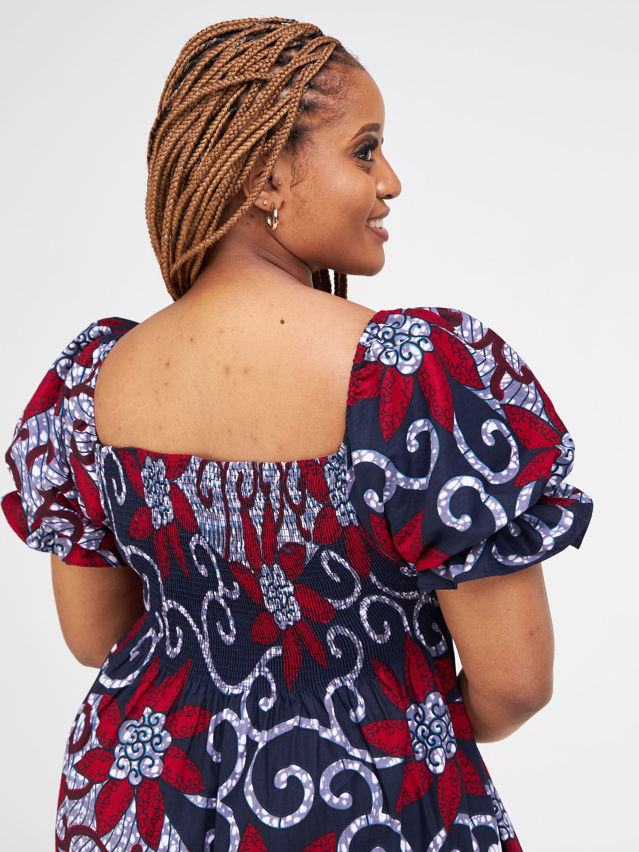 Safari Nimali Bustier Knee Length Dress - Navy Blue / Maroon Ankara Print