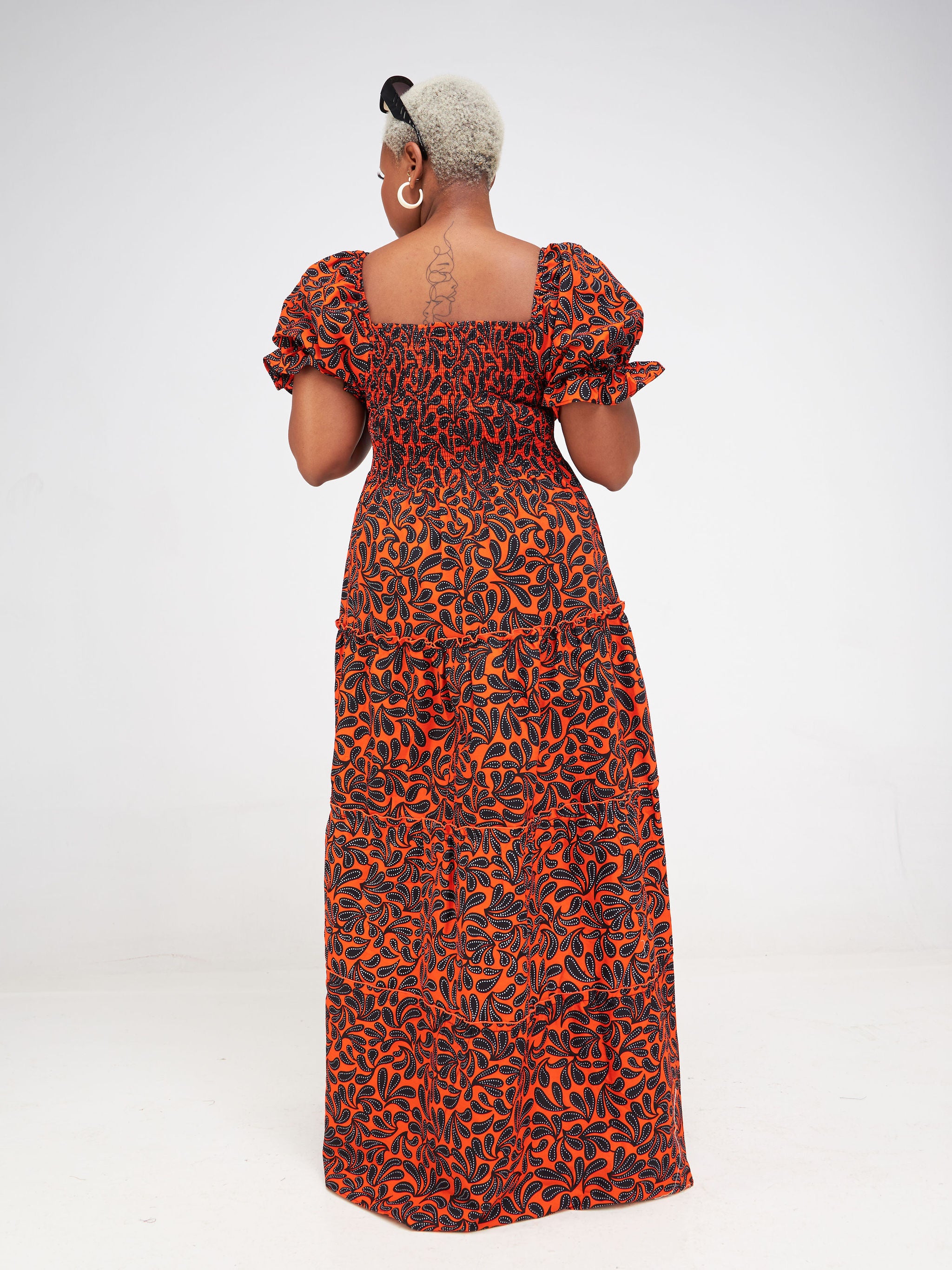 Safari Nimali Bustier Maxi Dress - Orange / Black Ankara Print