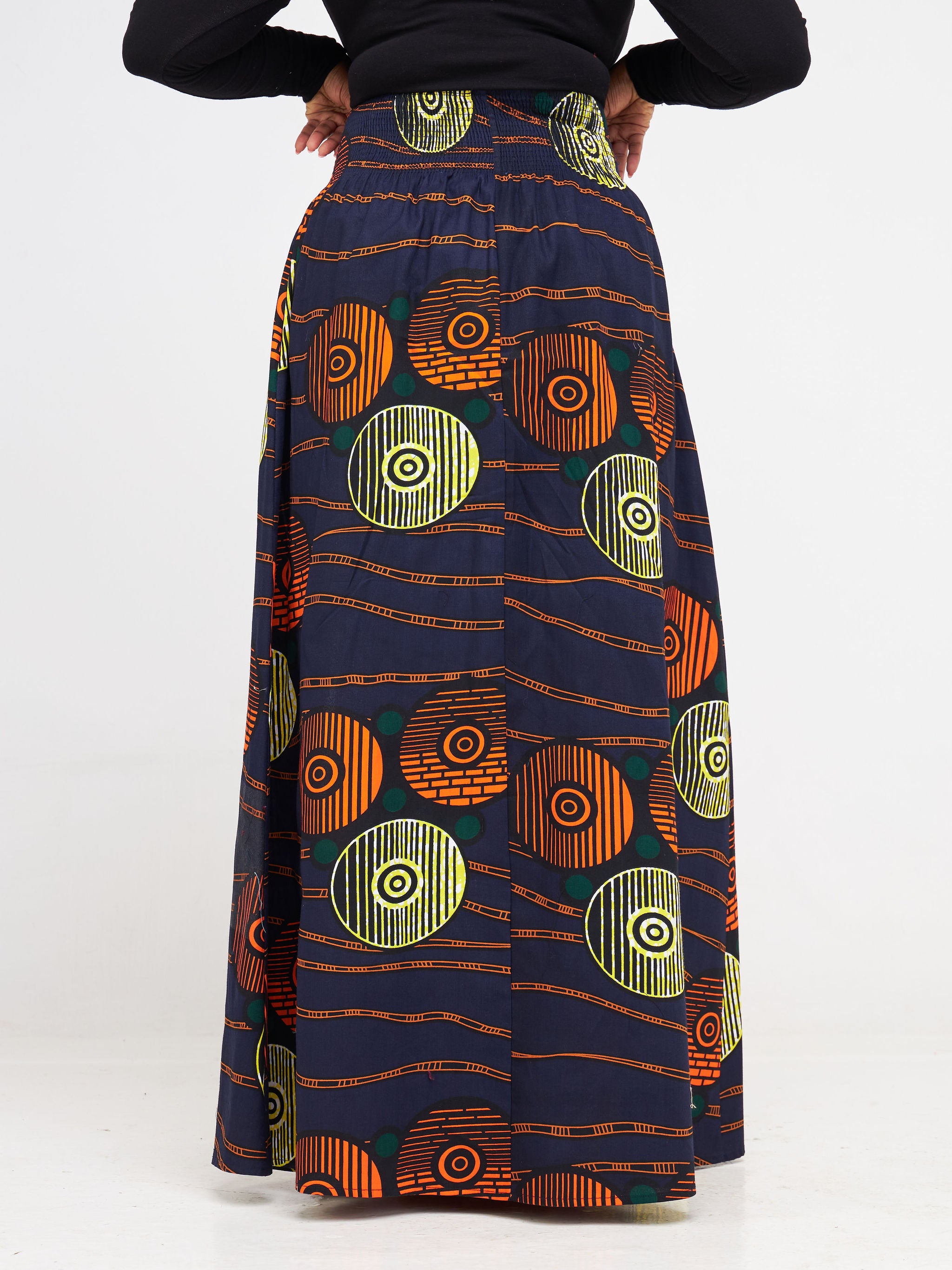 Vivo Kitenge Shirred Waist Maxi Skirt - Black / Orange Ankara Print
