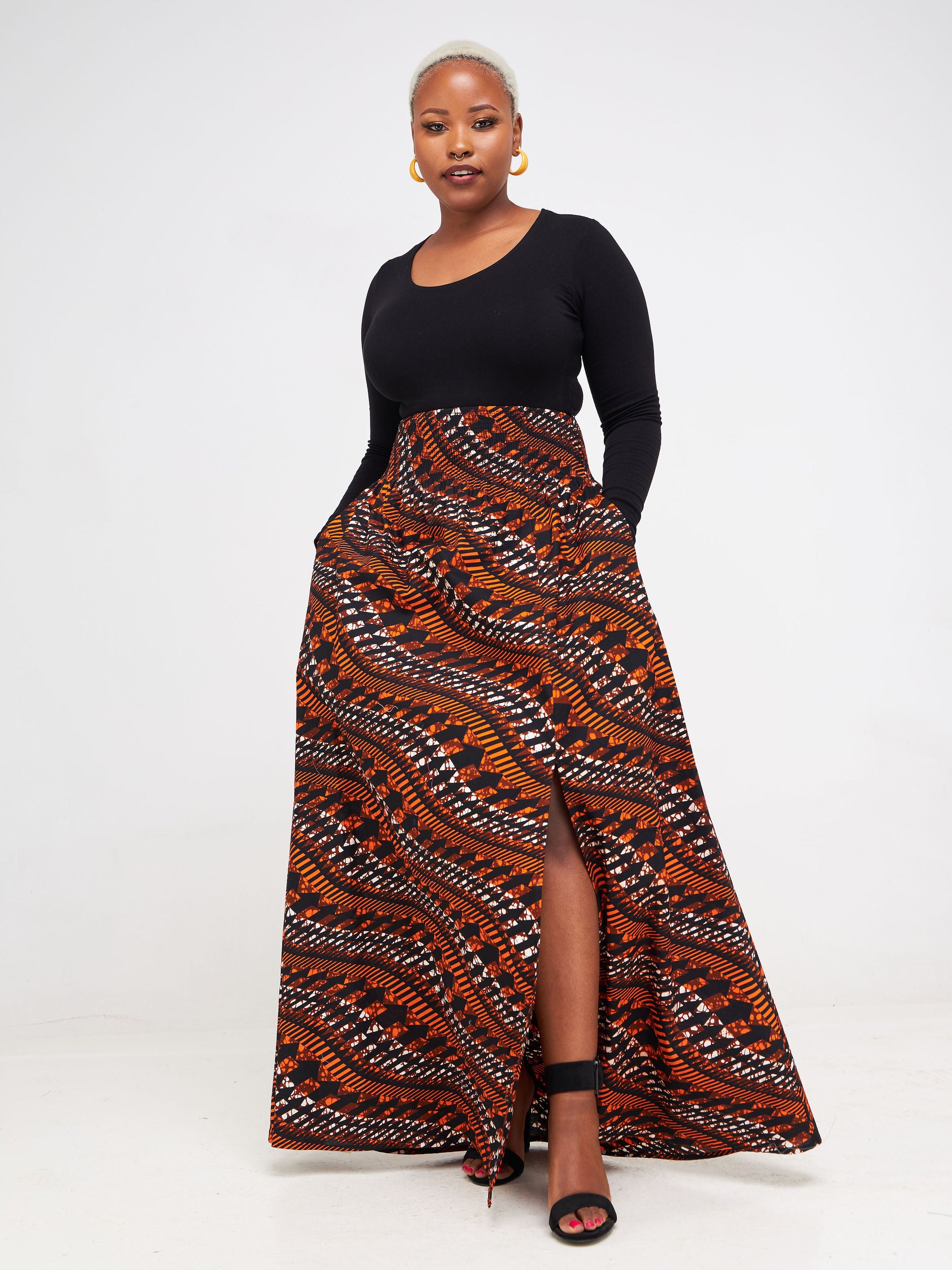 Vivo Kitenge Shirred Waist Maxi Skirt - Orange / Brown Ankara Print