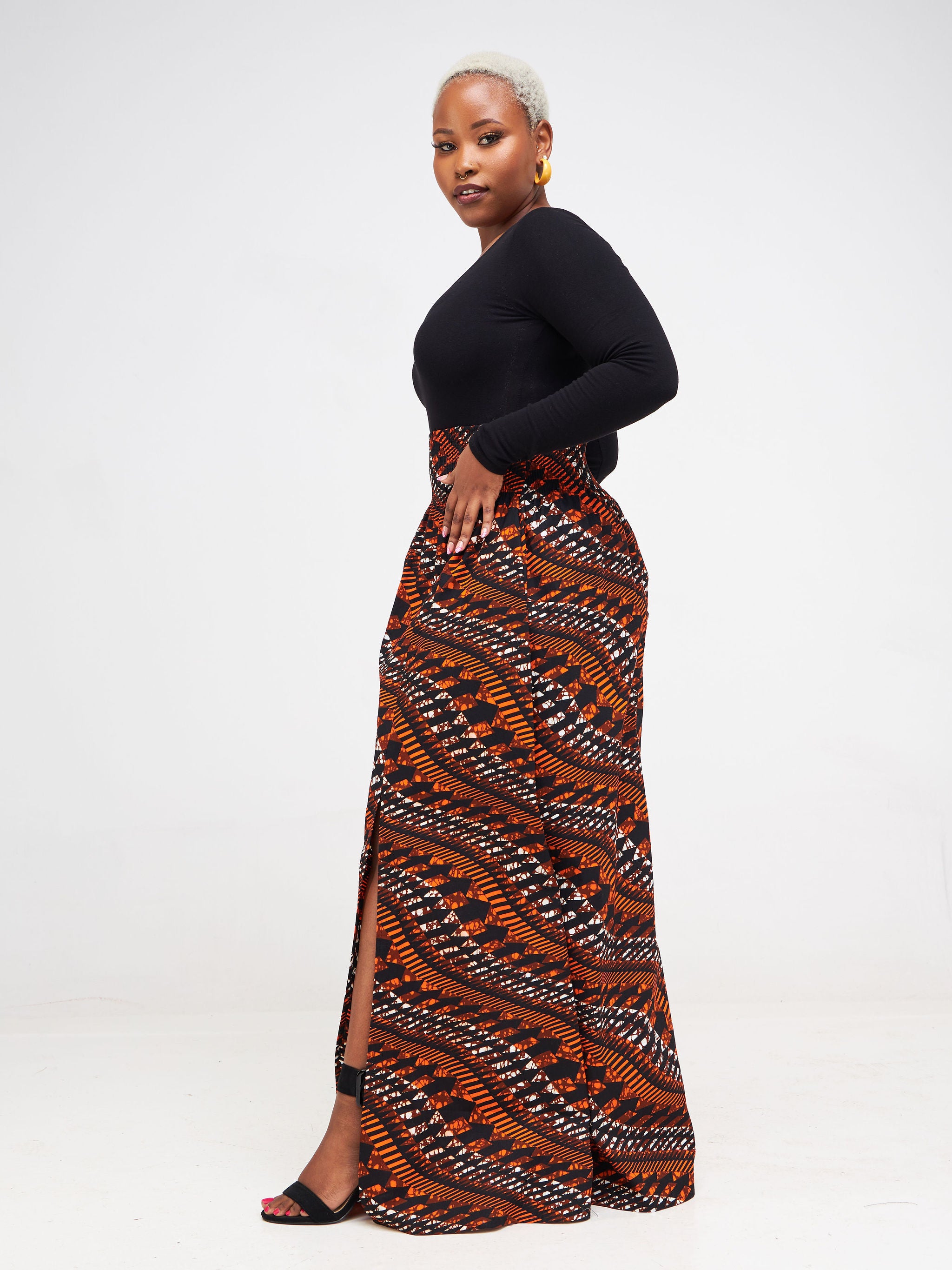Vivo Kitenge Shirred Waist Maxi Skirt - Orange / Brown Ankara Print