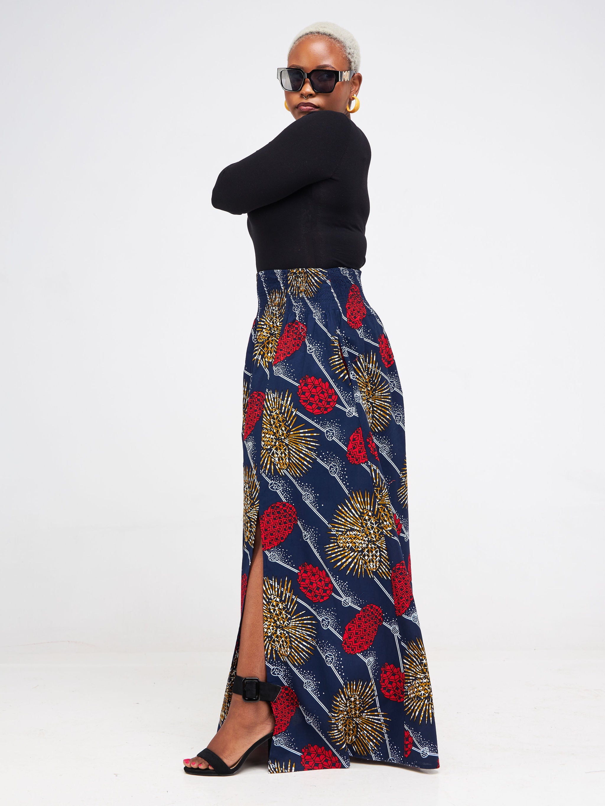 Vivo Kitenge Shirred Waist Maxi Skirt - Navy Blue / Red Ankara Print