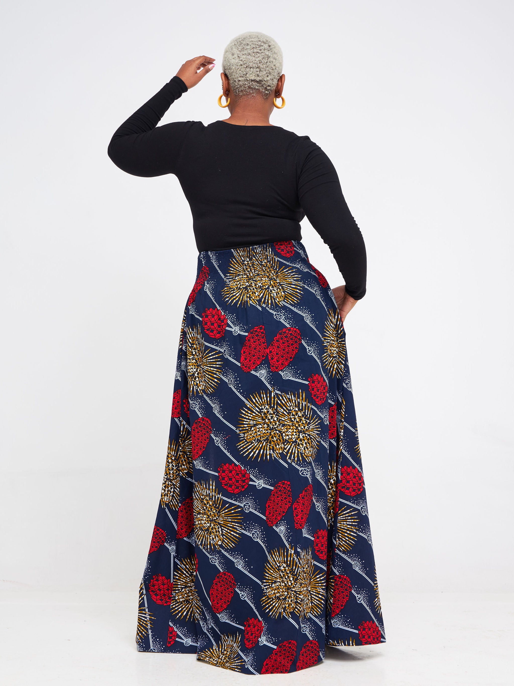 Vivo Kitenge Shirred Waist Maxi Skirt - Navy Blue / Red Ankara Print