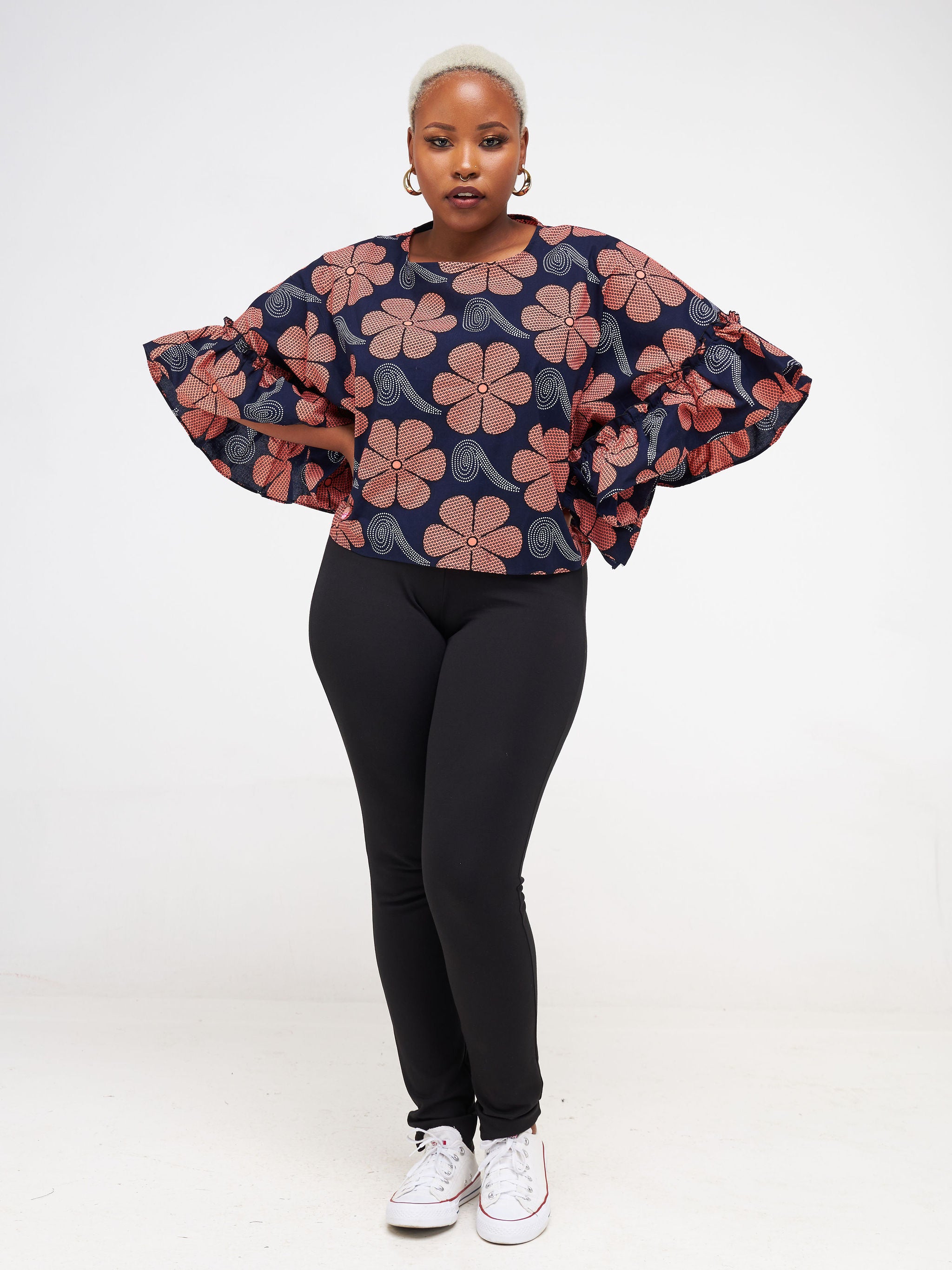 Safari Nimali Side Frill Kaftan - Navy Blue / Peach Ankara Print