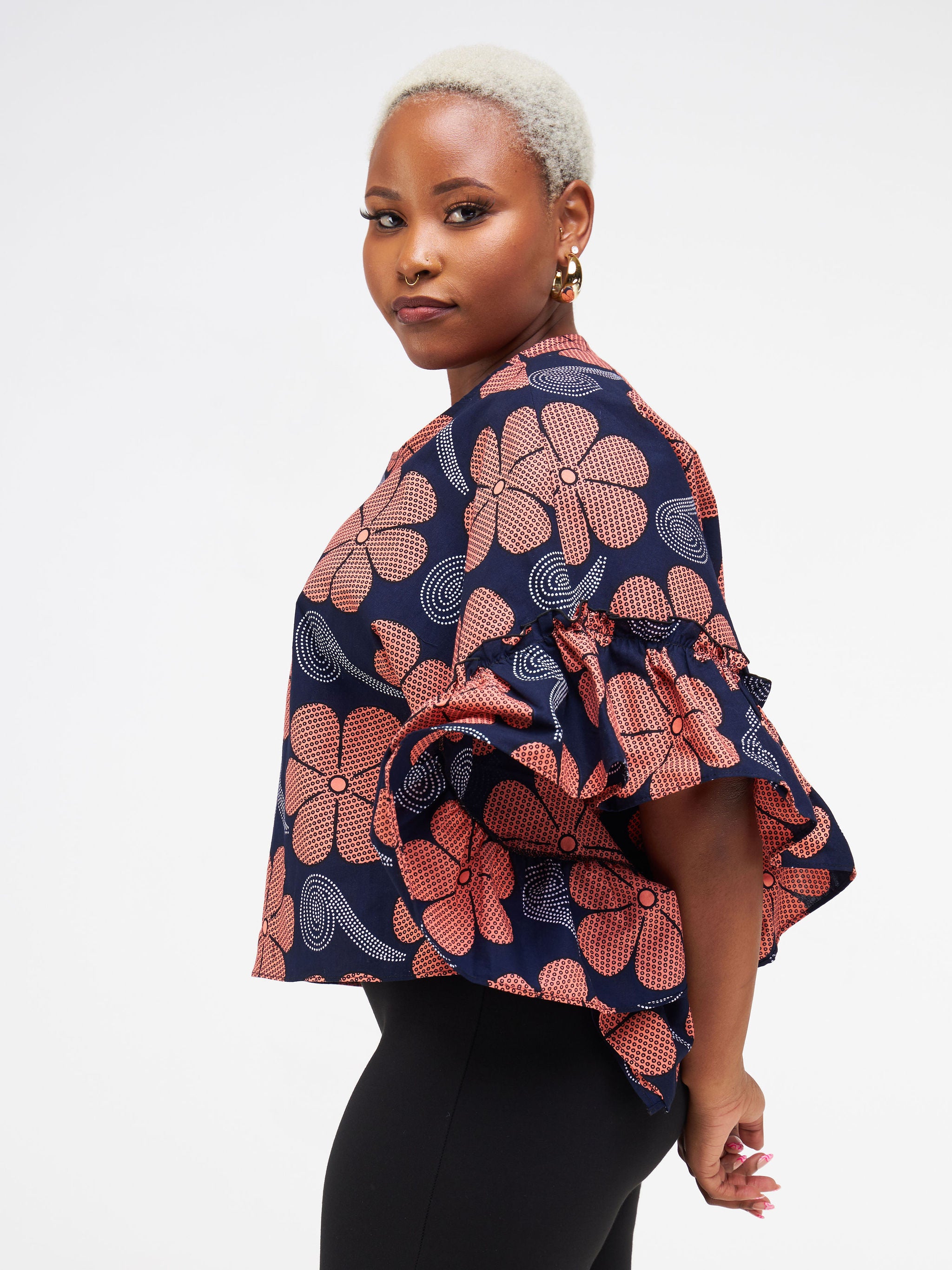 Safari Nimali Side Frill Kaftan - Navy Blue / Peach Ankara Print