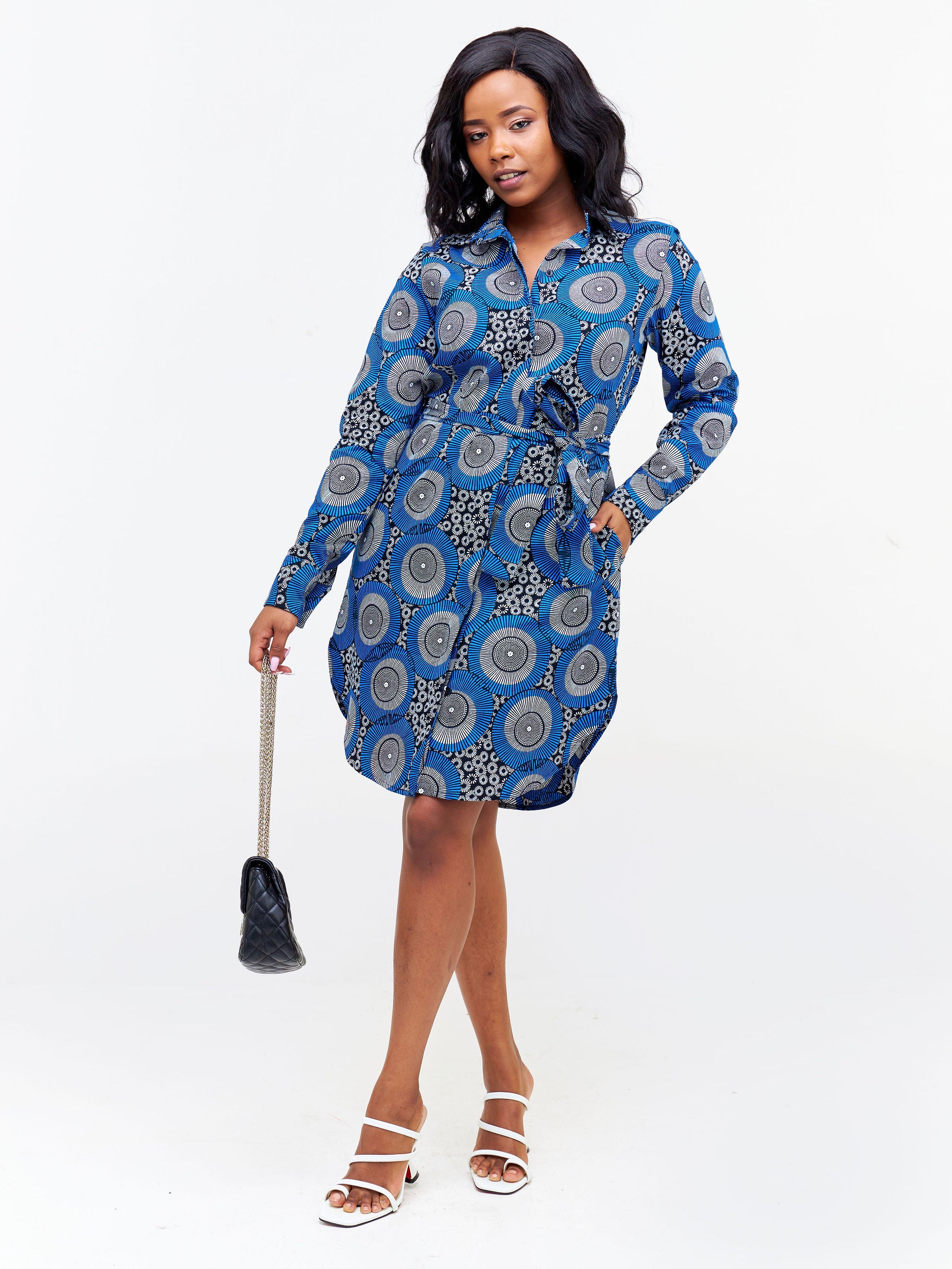 Safari Nimali Long Sleeve Shirt Dress - Blue / White Ankara Print