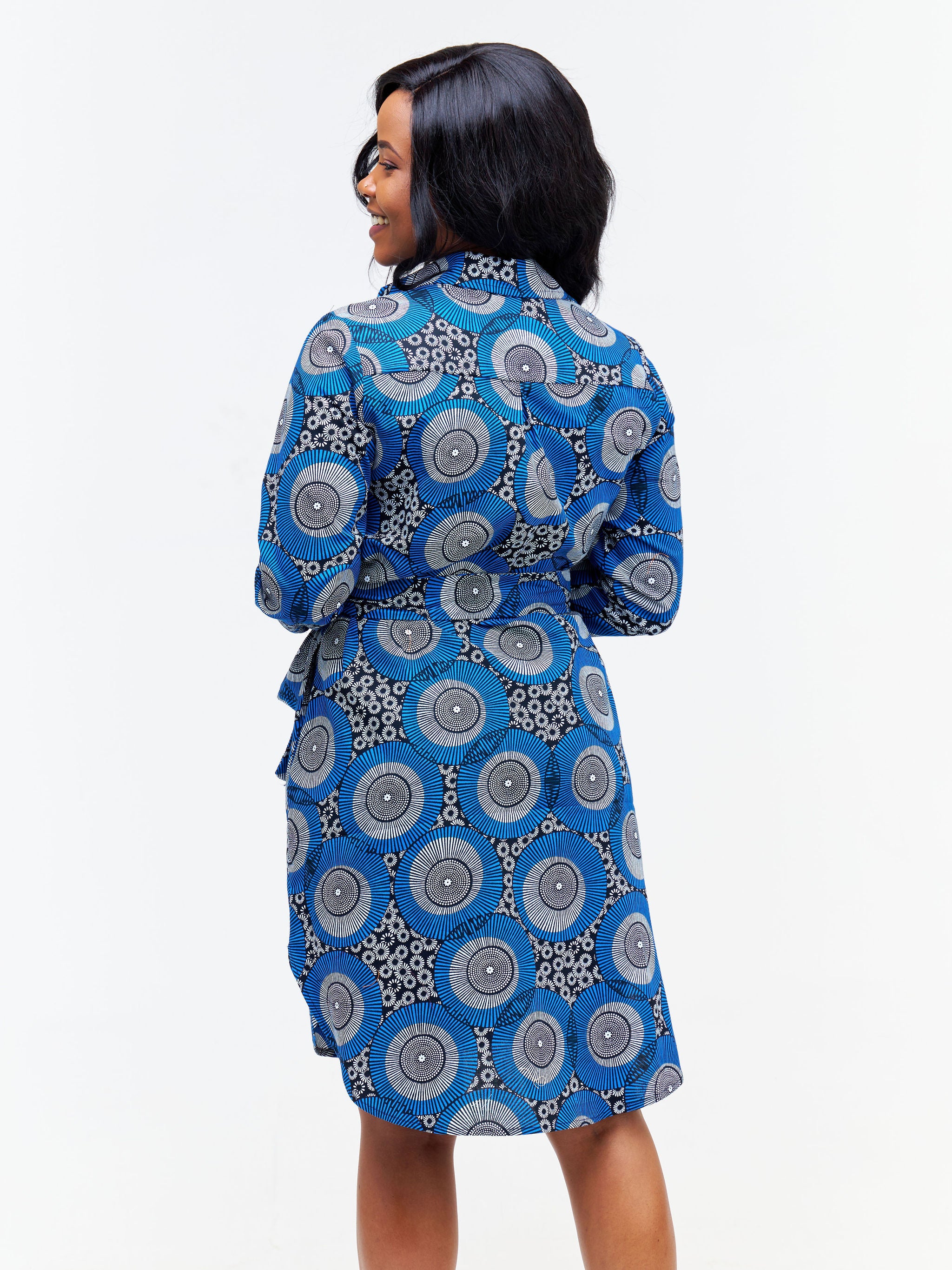 Safari Nimali Long Sleeve Shirt Dress - Blue / White Ankara Print