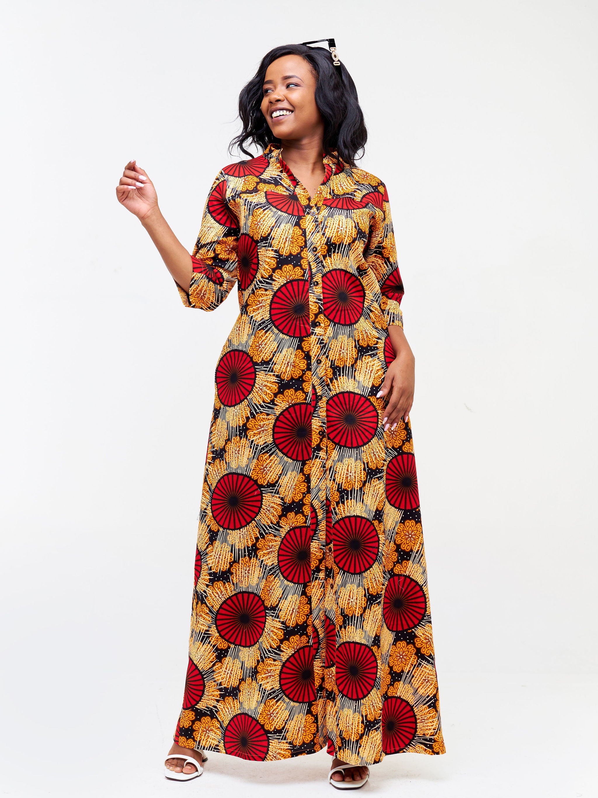 Safari Nimali 3/4 Sleeve Maxi Dress - Red / Mustard Ankara Print