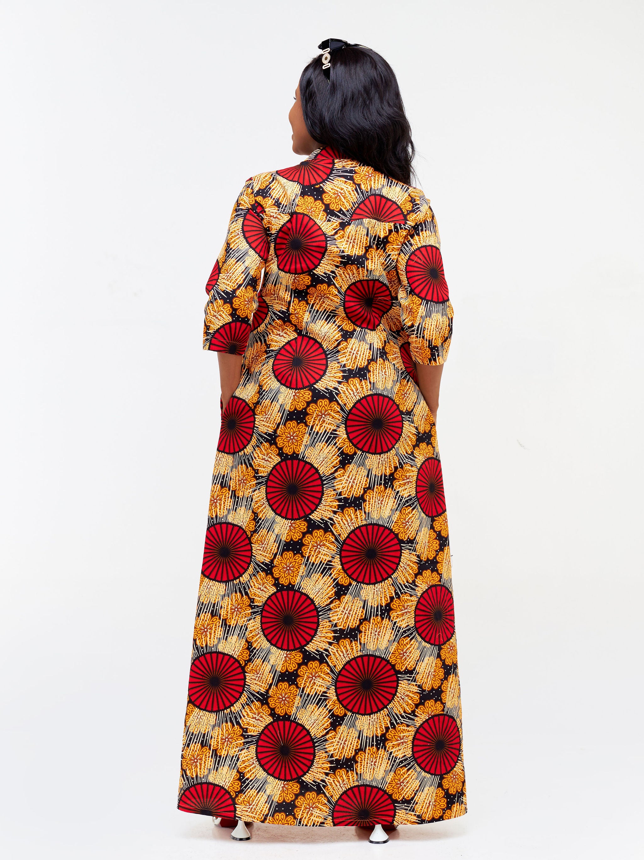 Safari Nimali 3/4 Sleeve Maxi Dress - Red / Mustard Ankara Print
