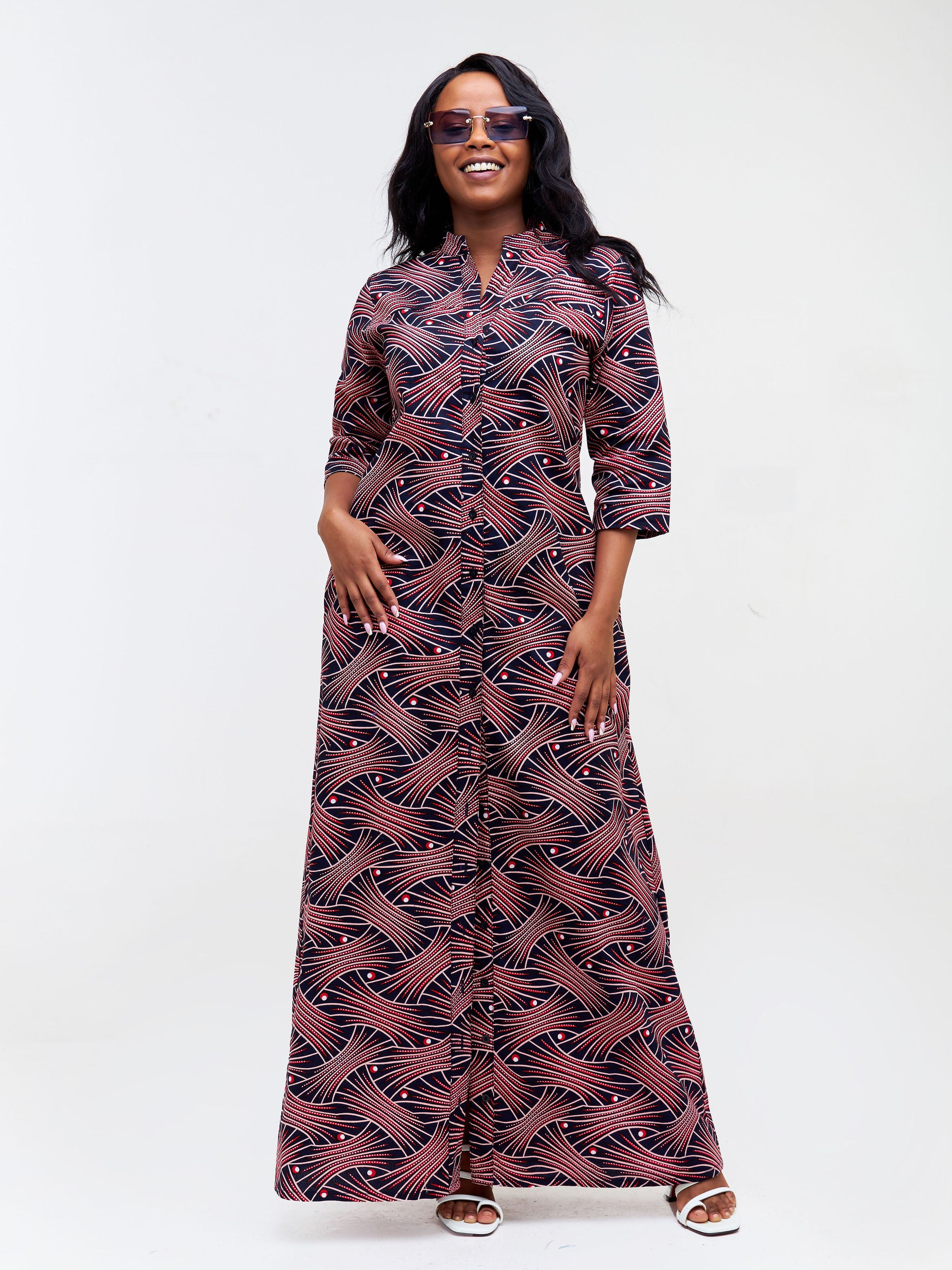 Safari Nimali 3/4 Sleeve Maxi Dress - Red / Pink Ankara Print