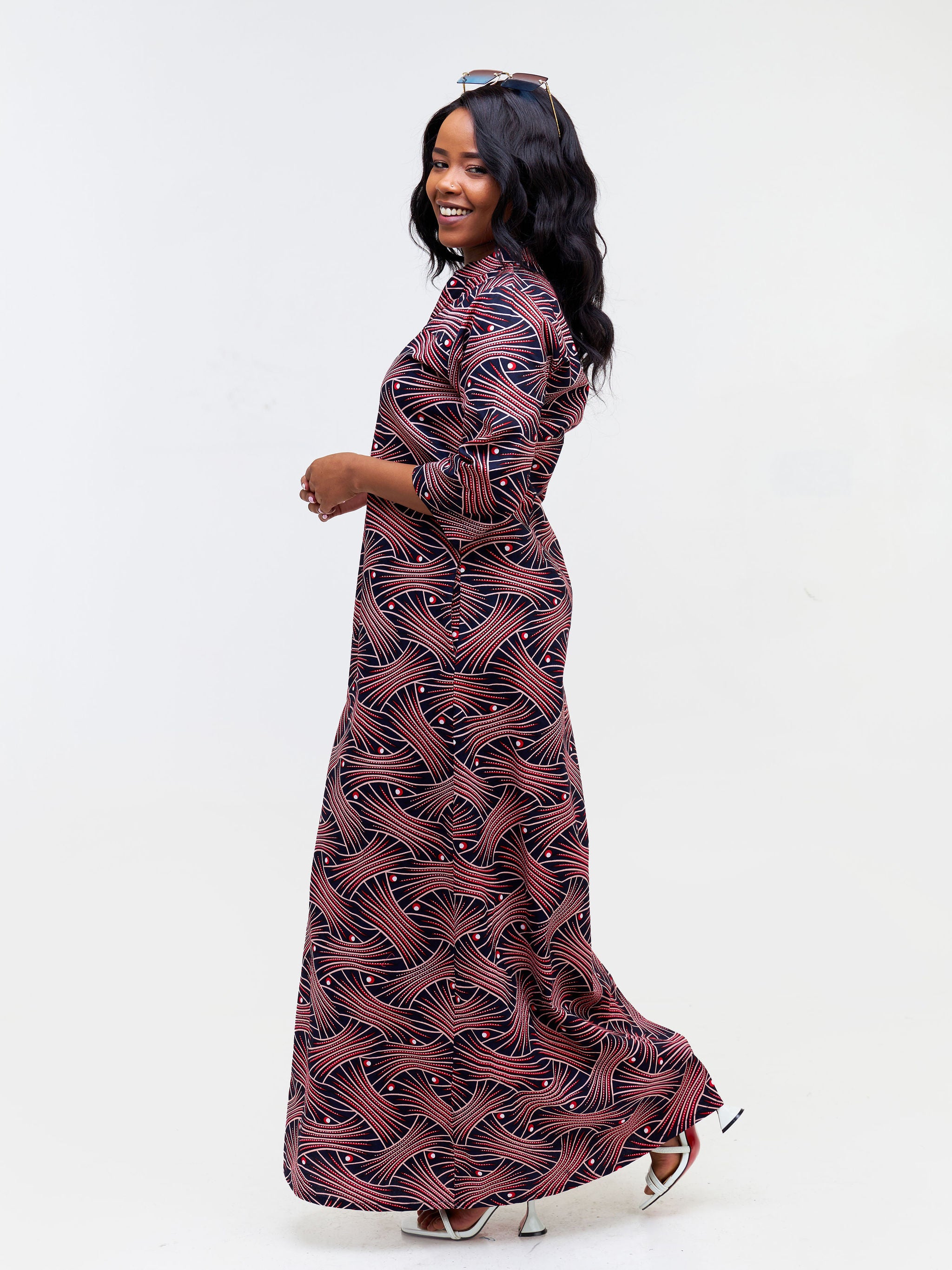 Safari Nimali 3/4 Sleeve Maxi Dress - Red / Pink Ankara Print