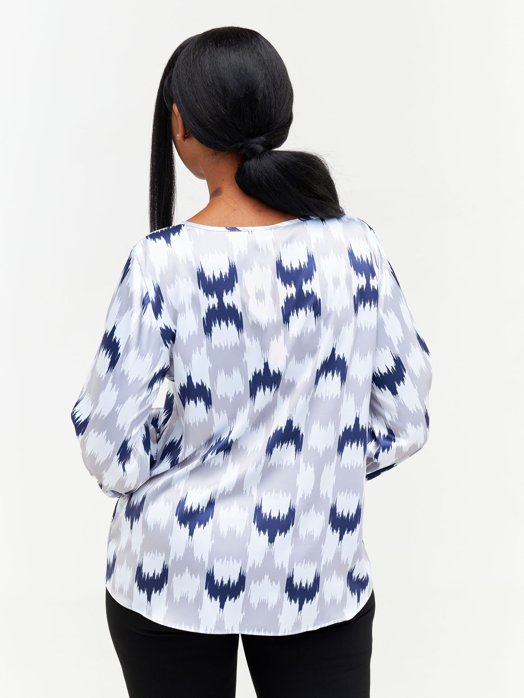 Vivo Basic Long Sleeved Bishop Top - Grey / Navy Blue Abstract Print