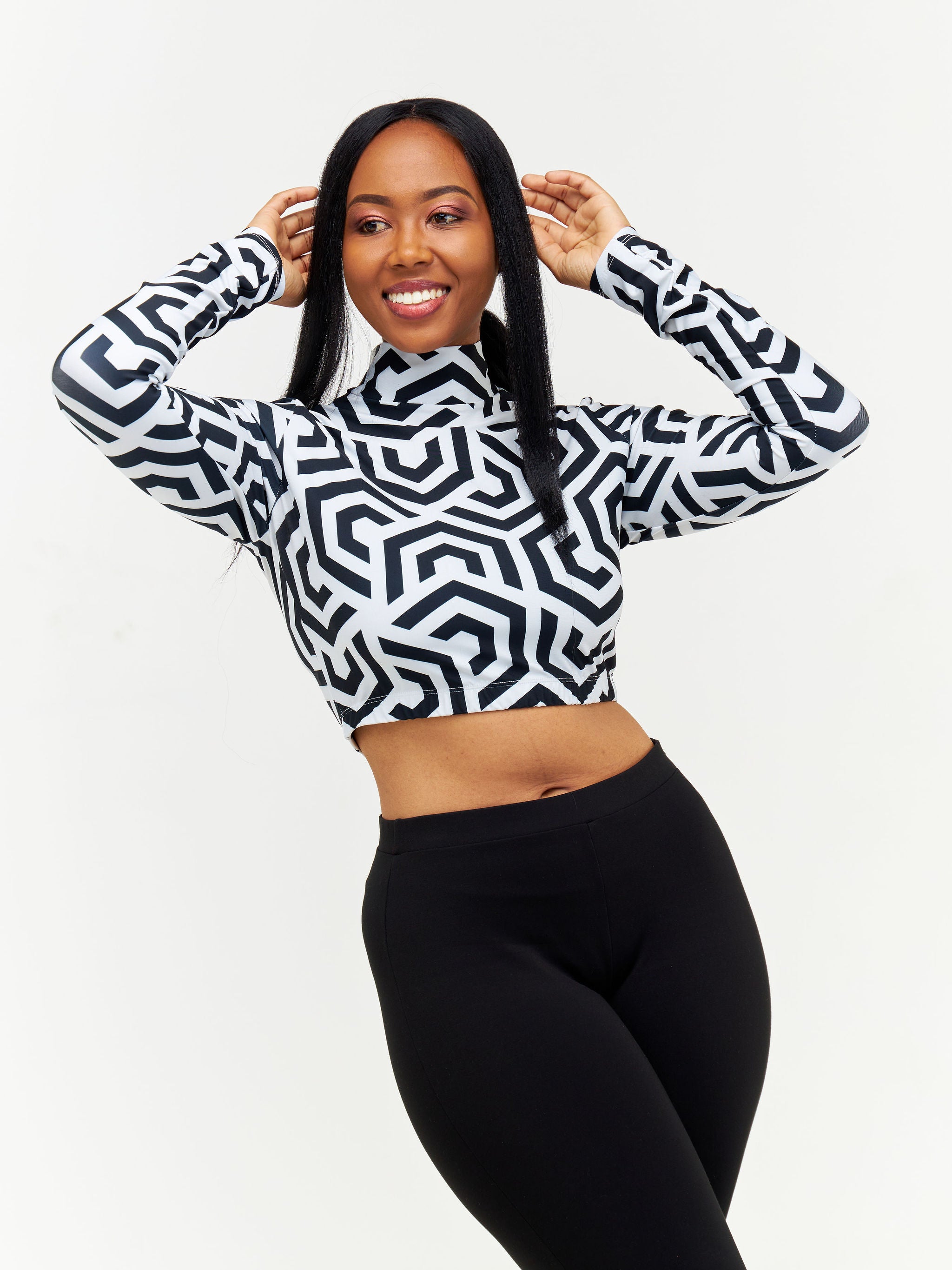 Zoya Mock Neck Long Sleeve Fitness Crop Top - White / Black Print