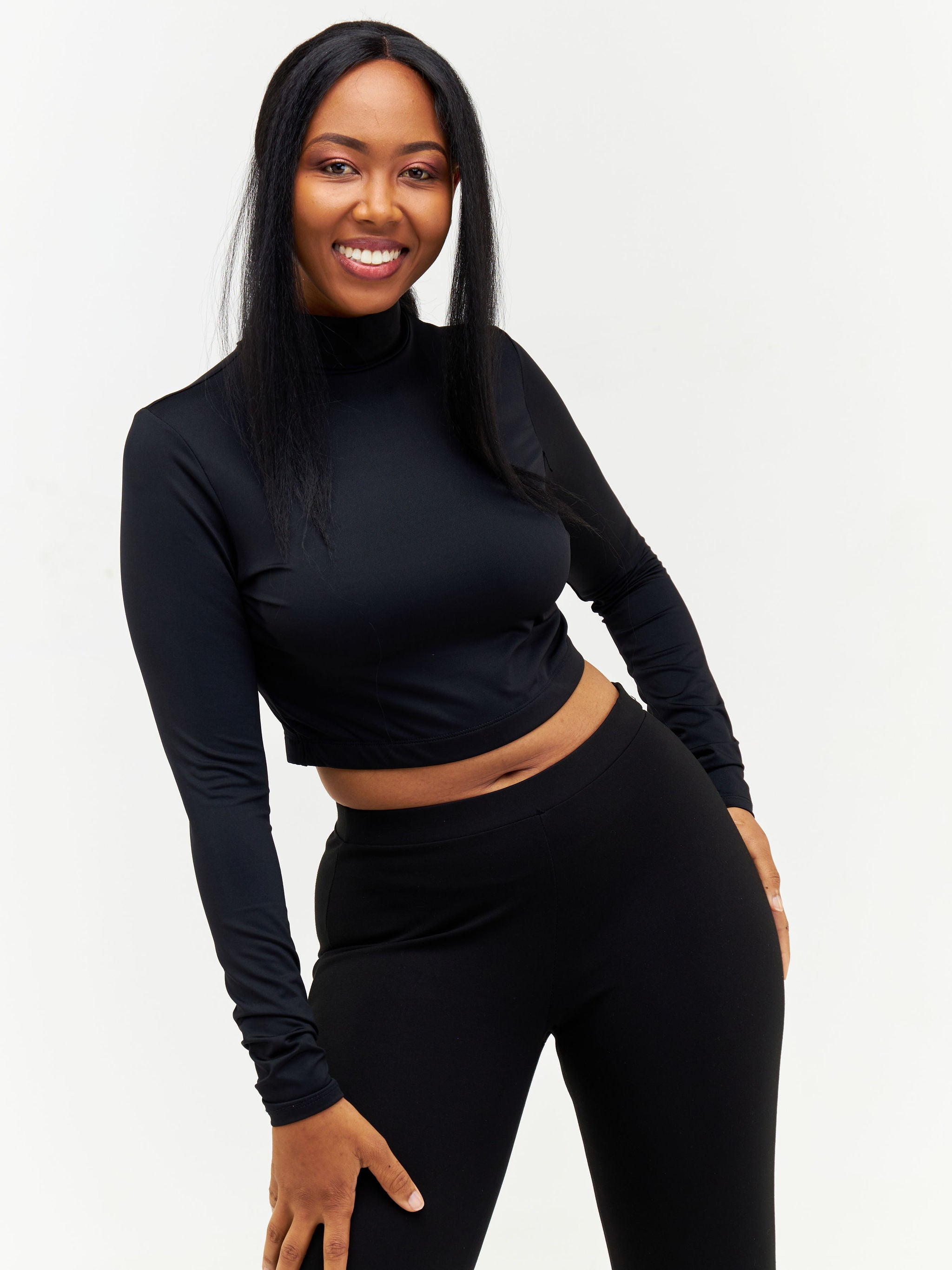 Zoya  Mock Neck Long Sleeve Fitness Crop Top - Black