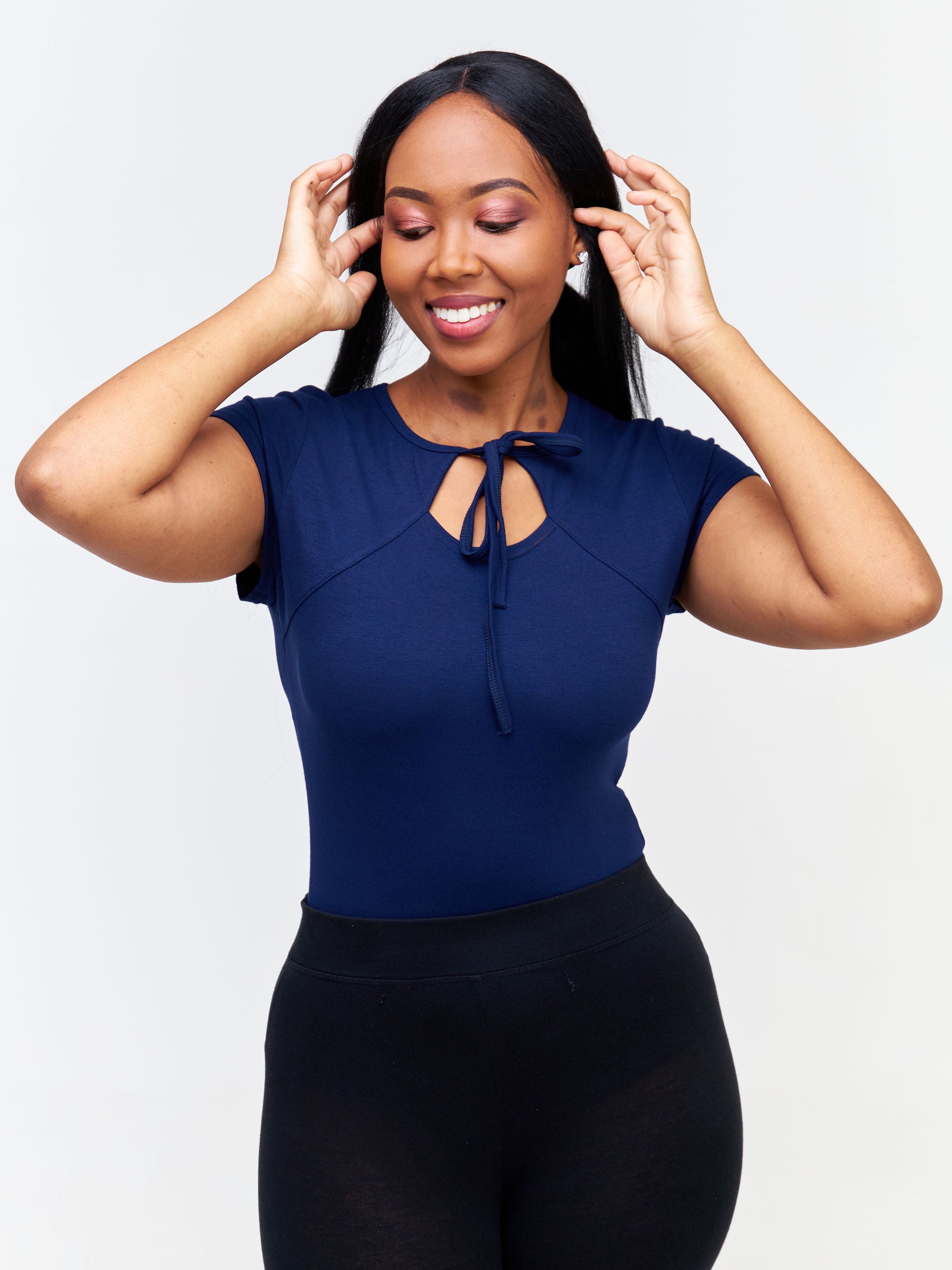 Vivo Bana Front Tie Cap Sleeve Bodysuit - Navy Blue