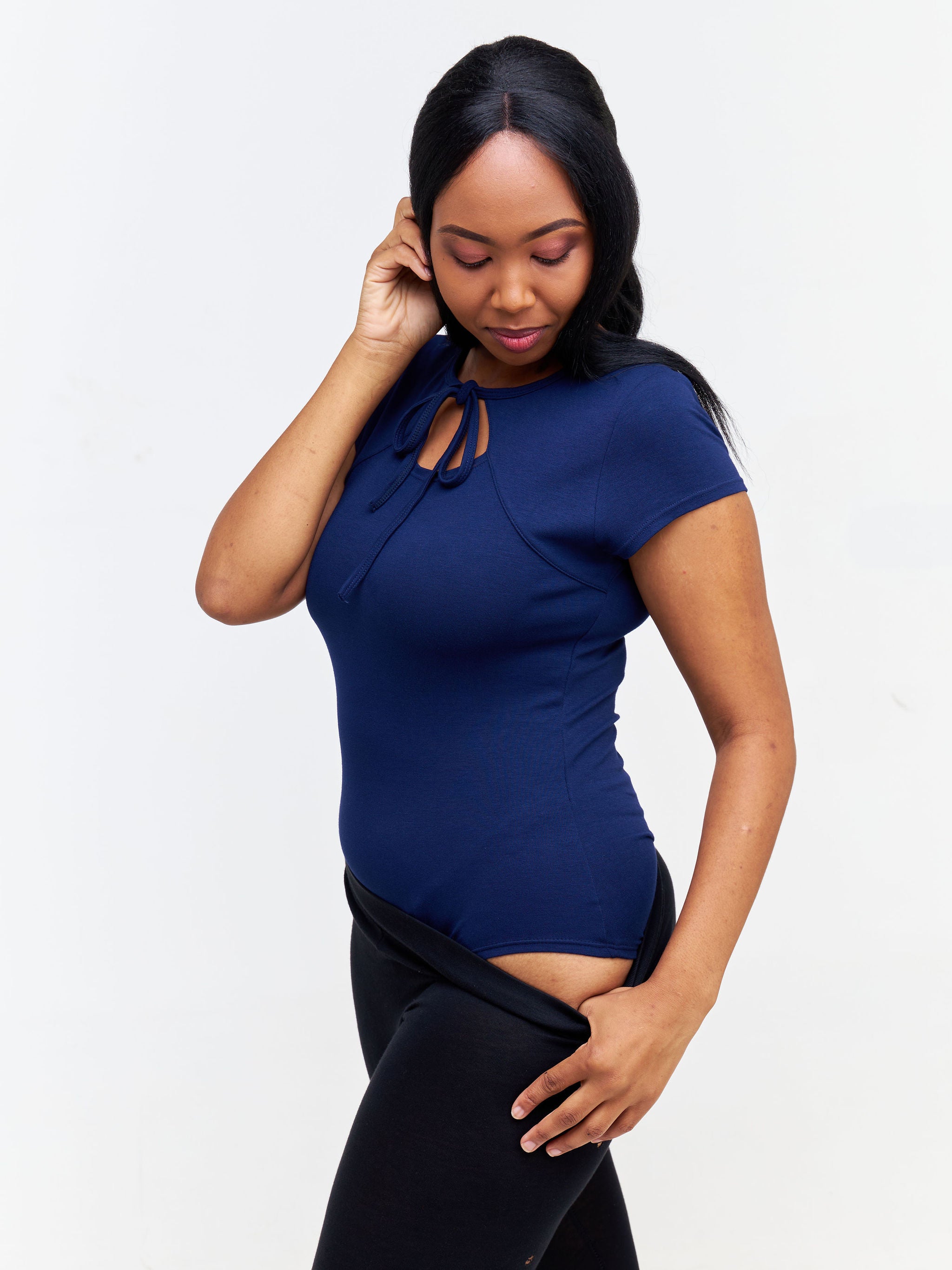 Vivo Bana Front Tie Cap Sleeve Bodysuit - Navy Blue