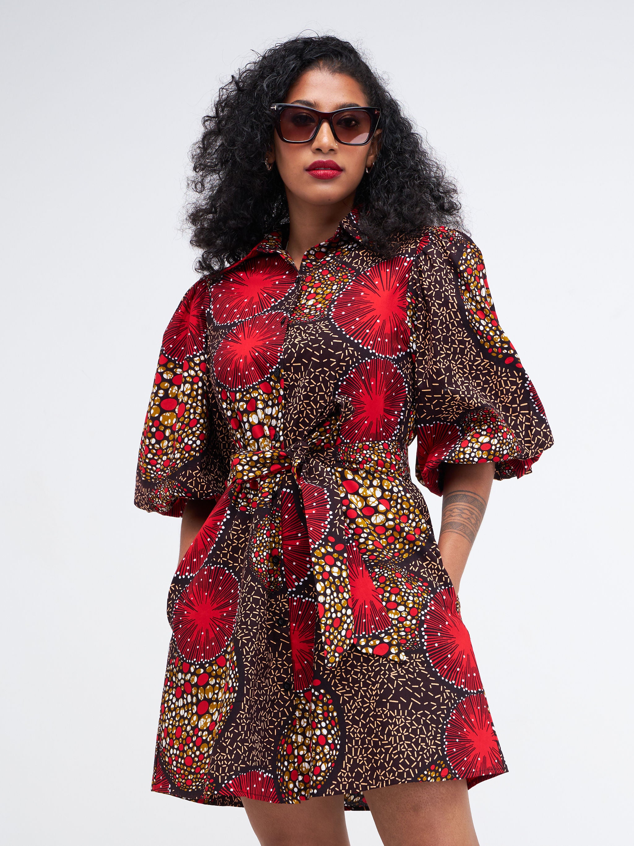 Vivo Kitenge Bubble Sleeve Tent Dress - Red / Brown Ankara Print