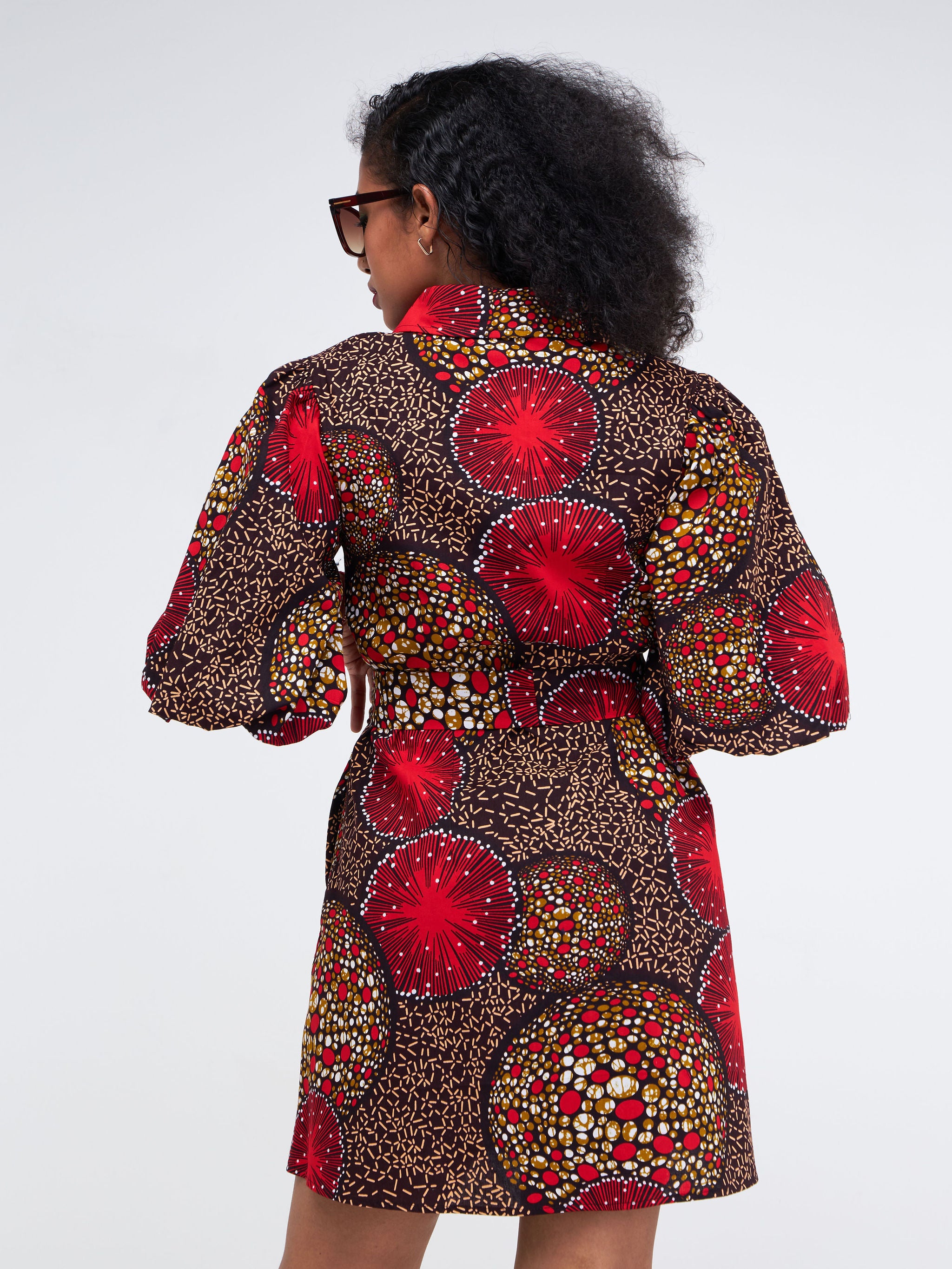 Vivo Kitenge Bubble Sleeve Tent Dress - Red / Brown Ankara Print