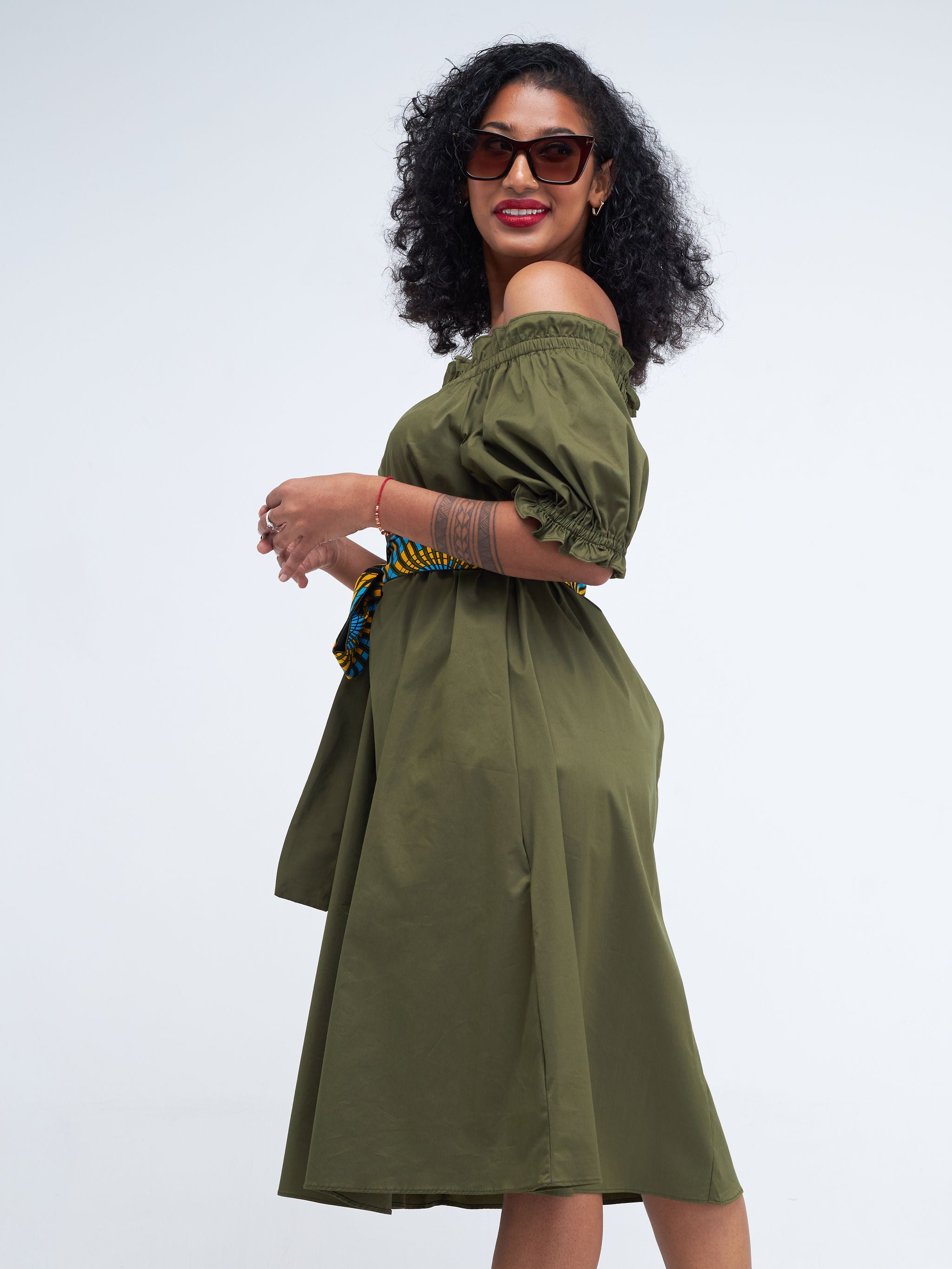 Safari Mali Off - Shoulder Ruffle Knee Length Dress - Hunters Green