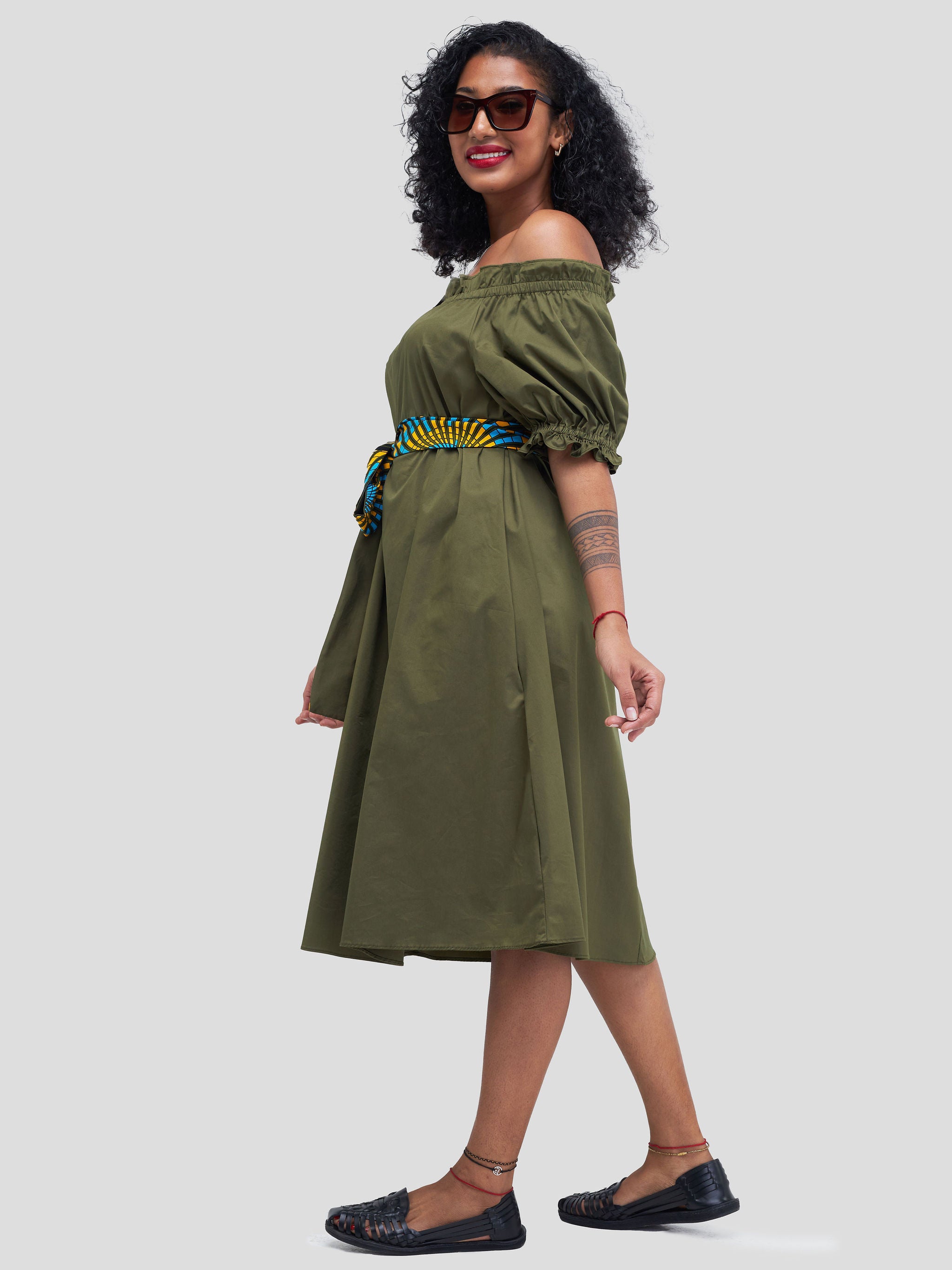 Safari Mali Off - Shoulder Ruffle Knee Length Dress - Hunters Green