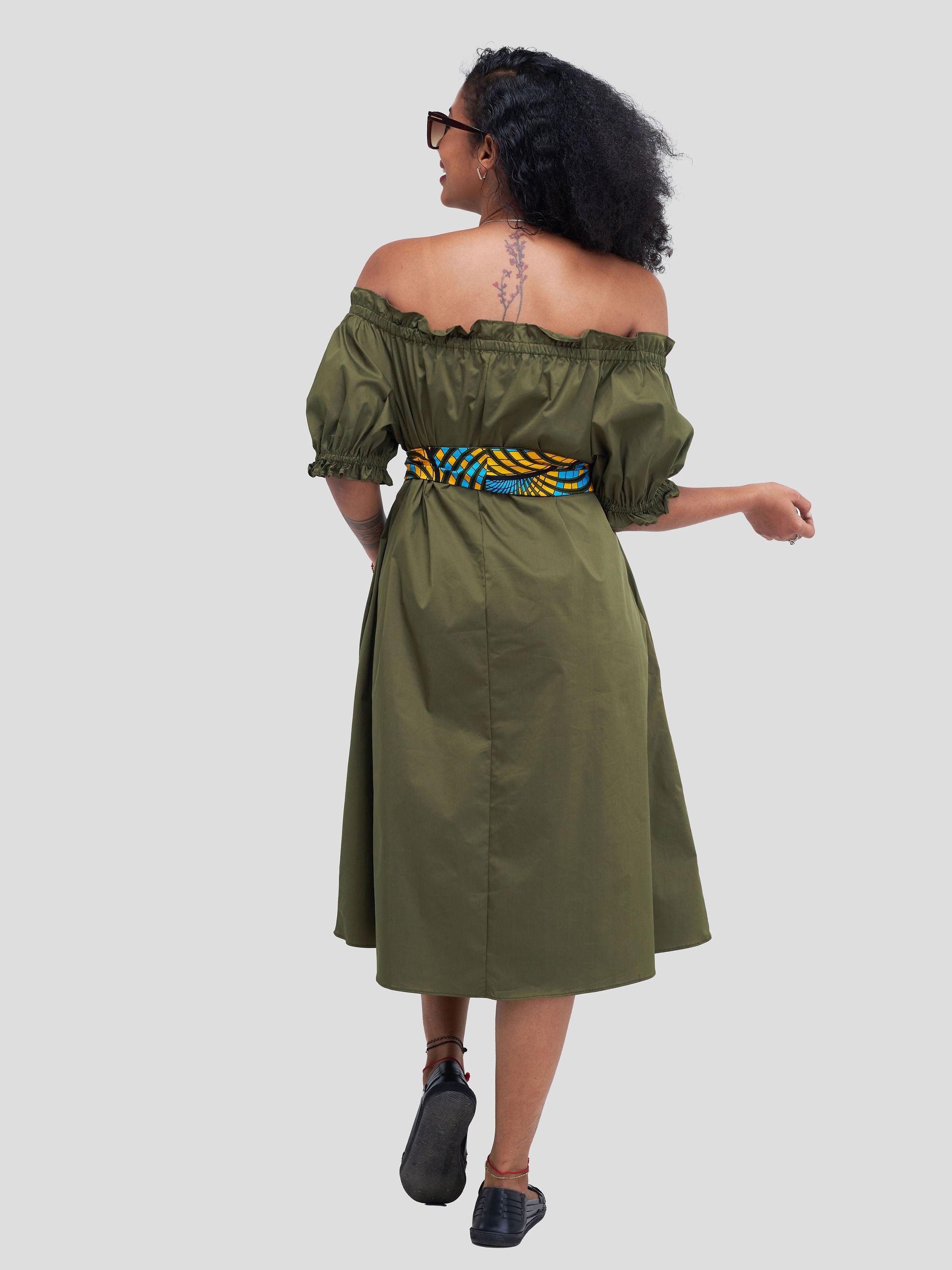 Safari Mali Off - Shoulder Ruffle Knee Length Dress - Hunters Green
