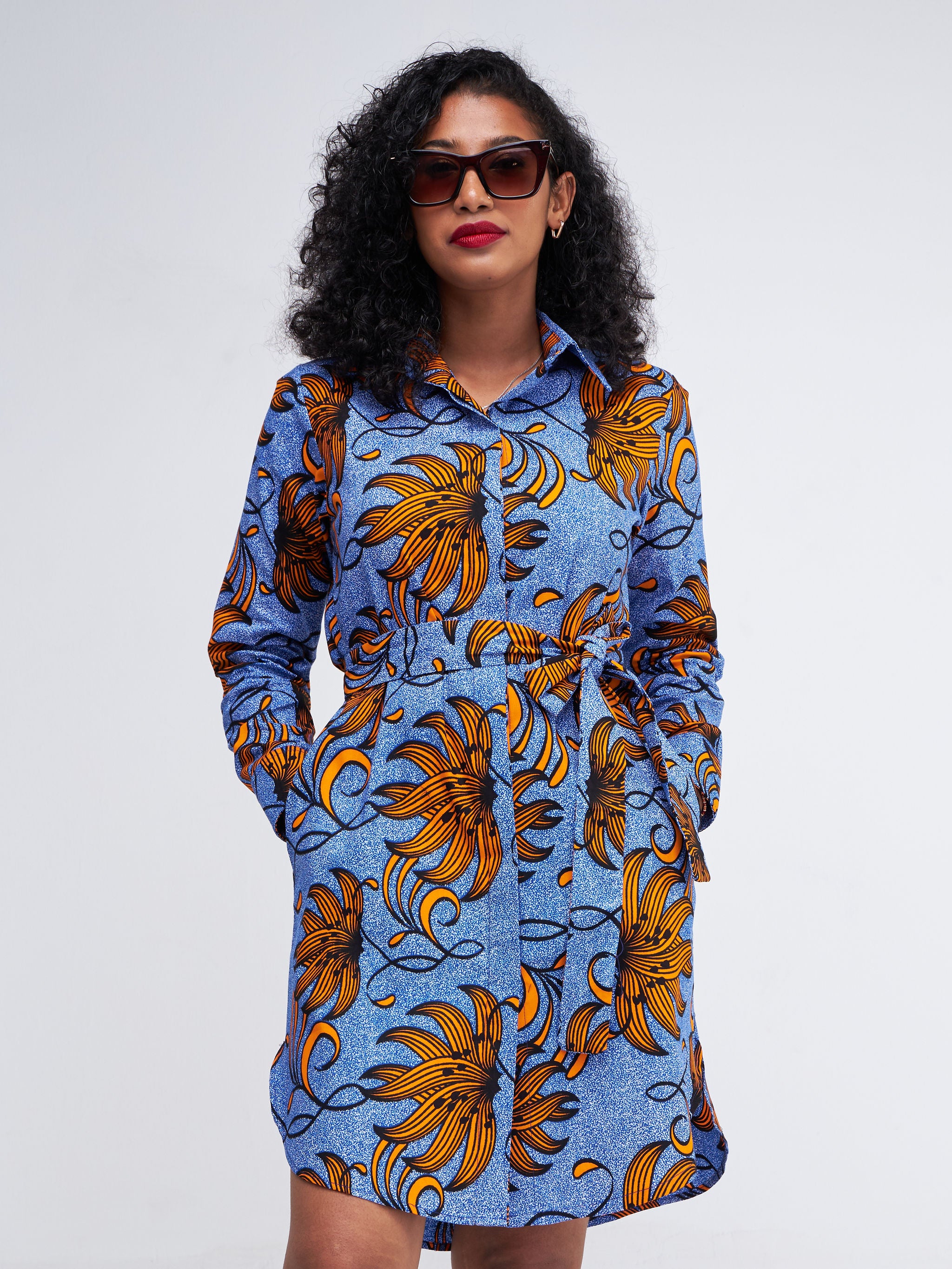 Safari Nimali Long Sleeve Shirt Dress - Blue / Orange Ankara Print