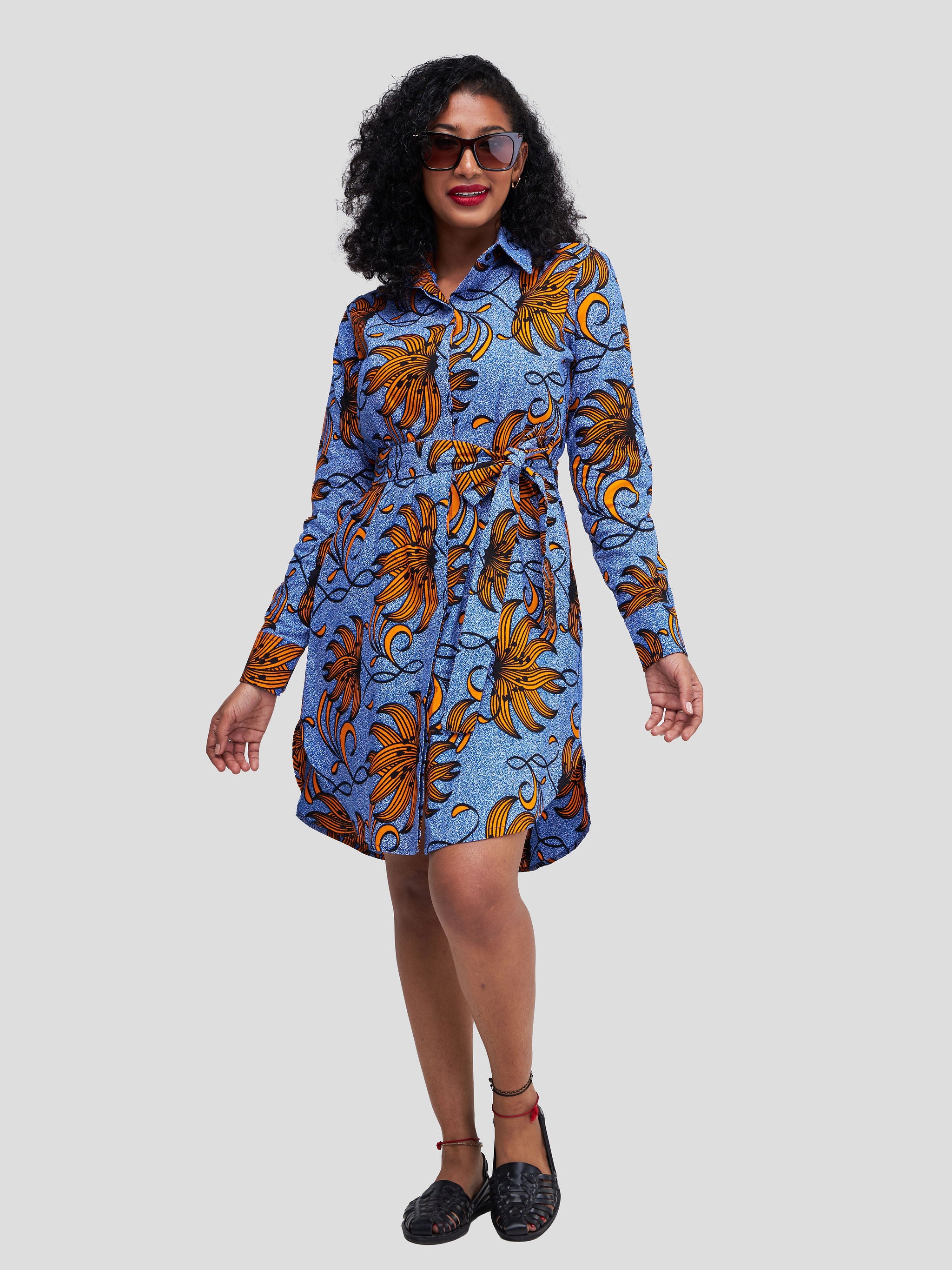 Safari Nimali Long Sleeve Shirt Dress - Blue / Orange Ankara Print