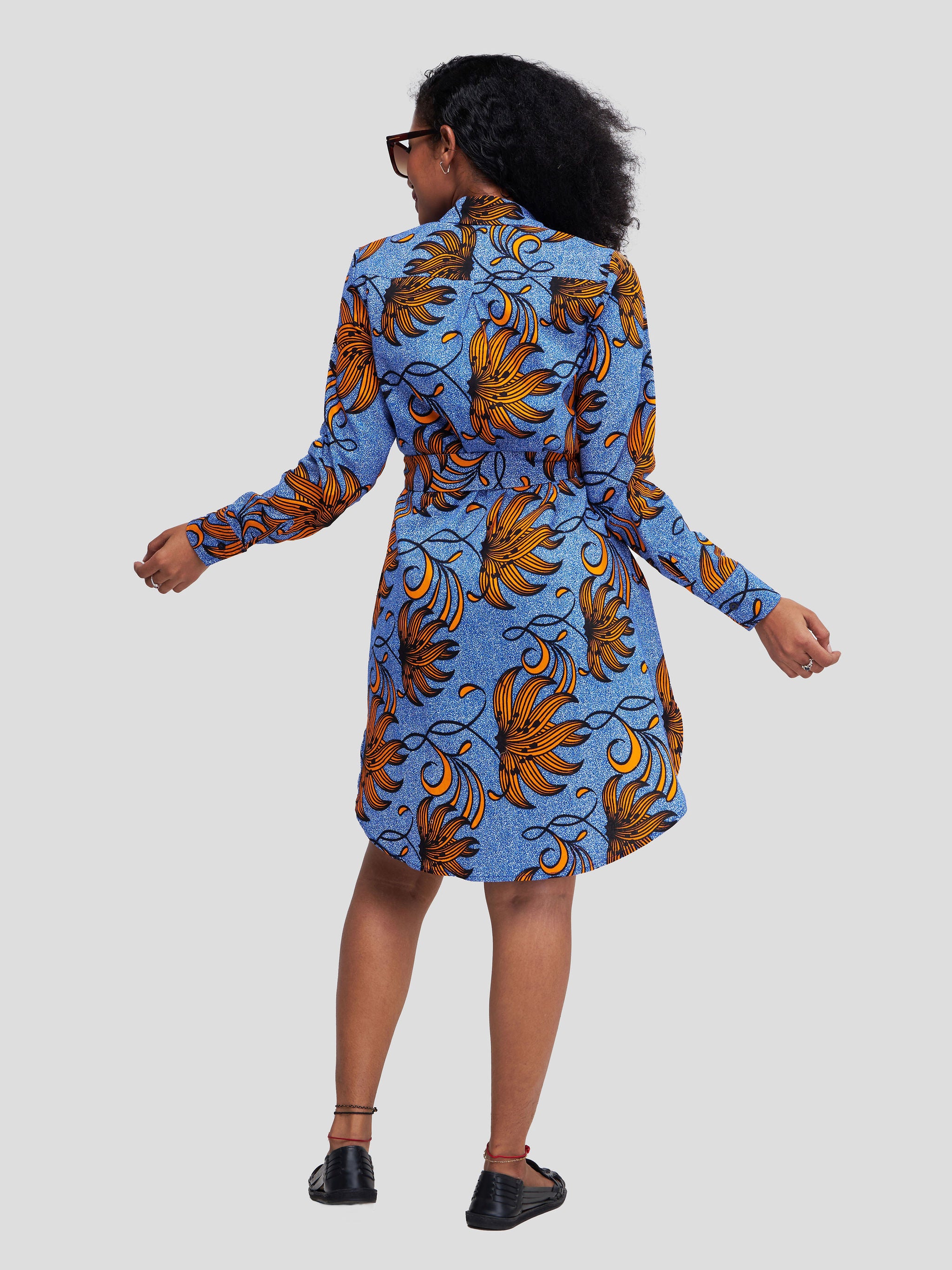 Safari Nimali Long Sleeve Shirt Dress - Blue / Orange Ankara Print