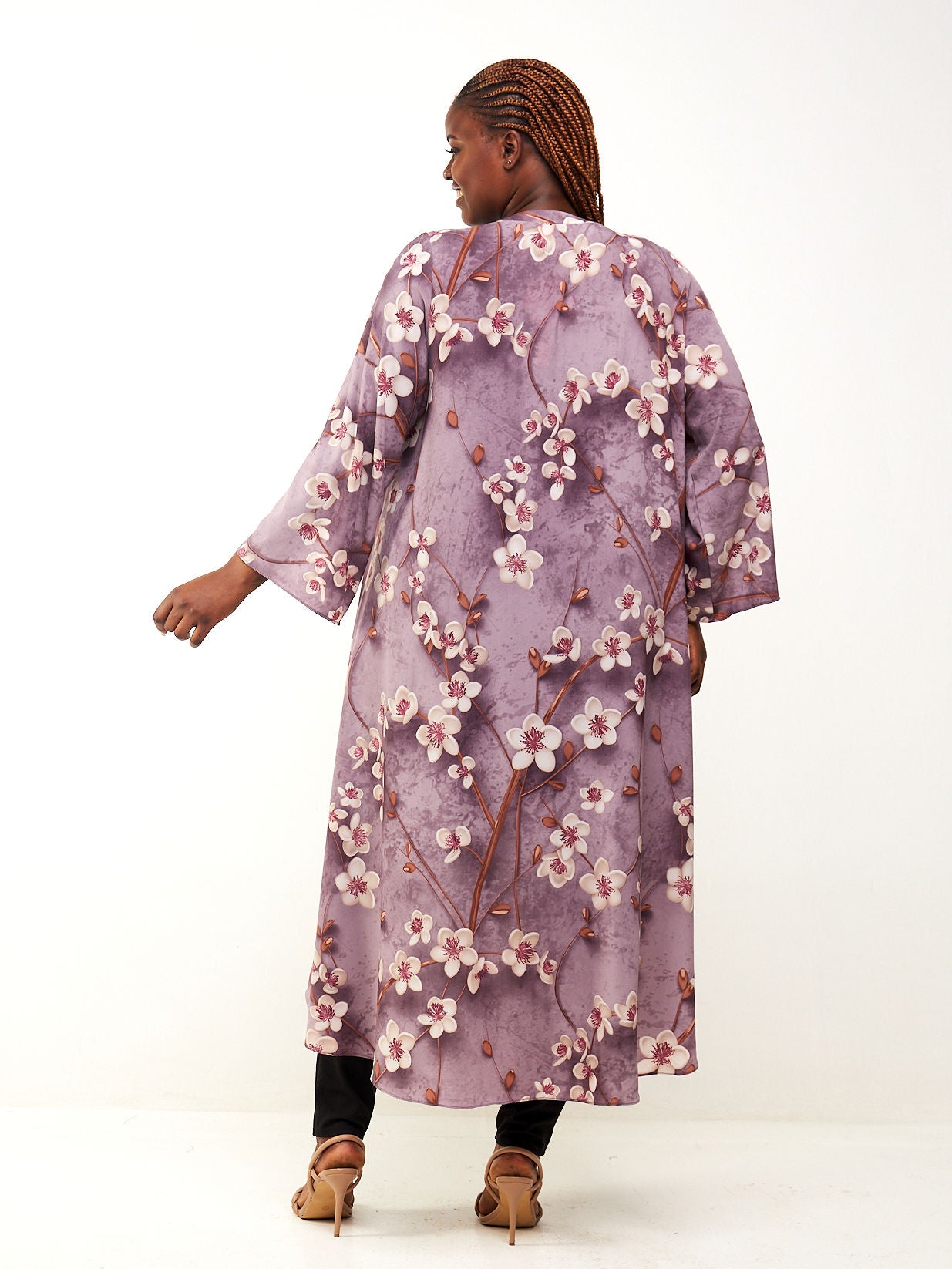 Vivo Maisha Long Sleeve High Low Kimono - Dark Taupe / Brown Floral Print
