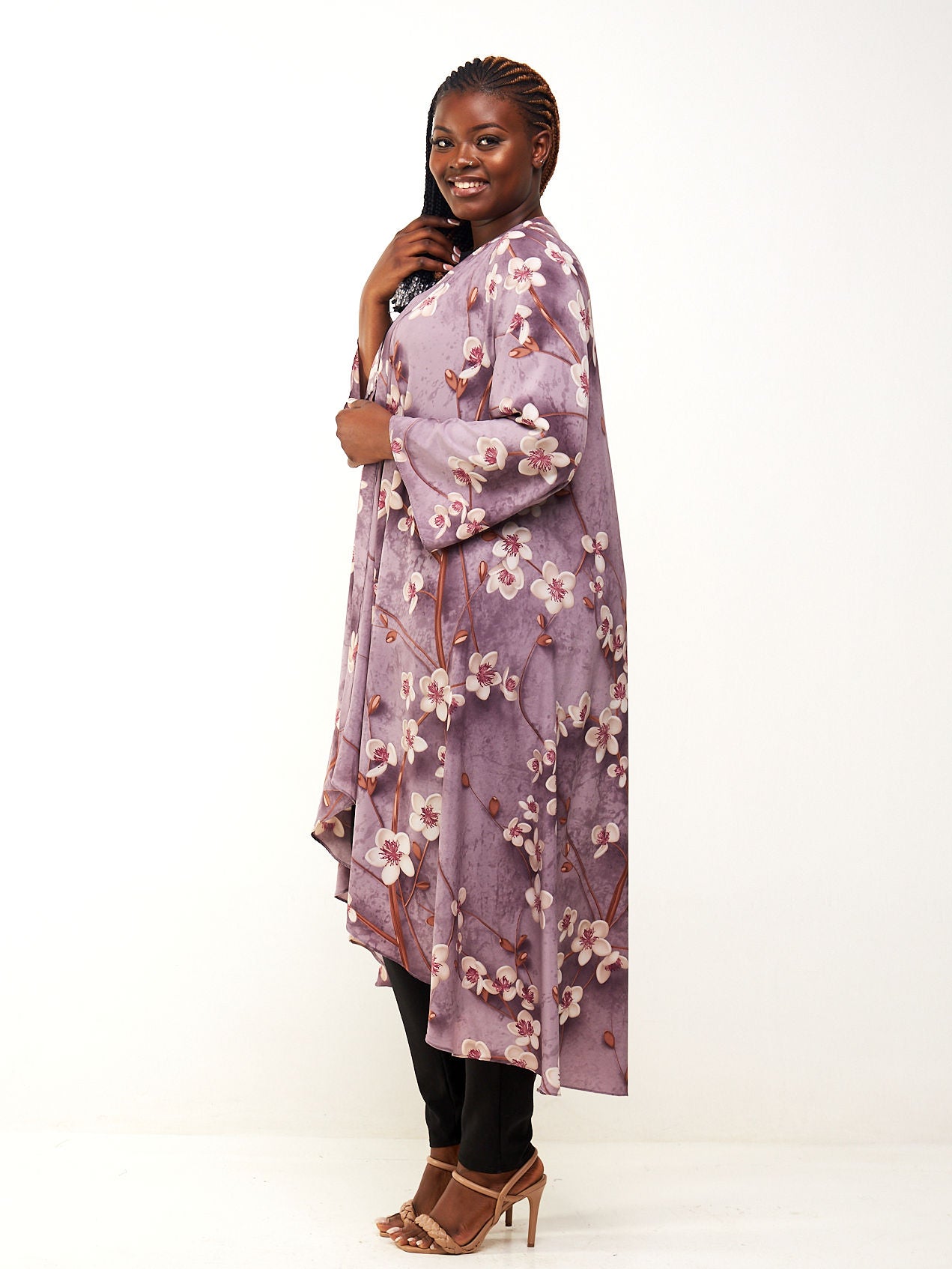 Vivo Maisha Long Sleeve High Low Kimono - Dark Taupe / Brown Floral Print