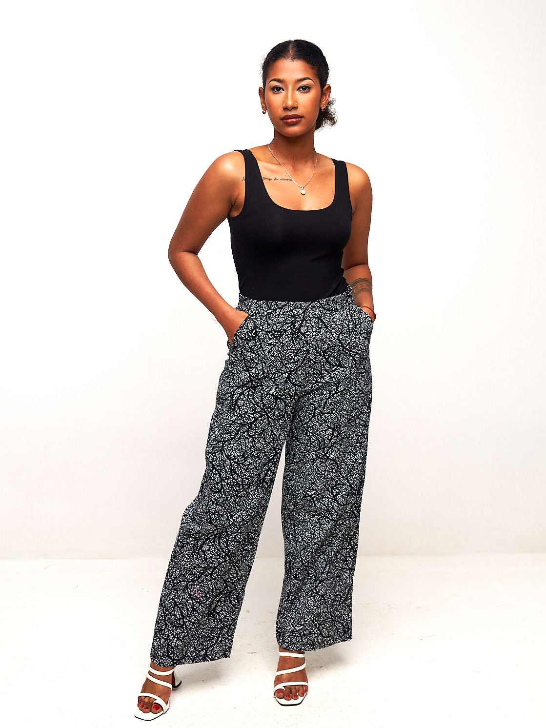 Vivo Kitenge Wide Leg Pants - Black / White Ankara Print