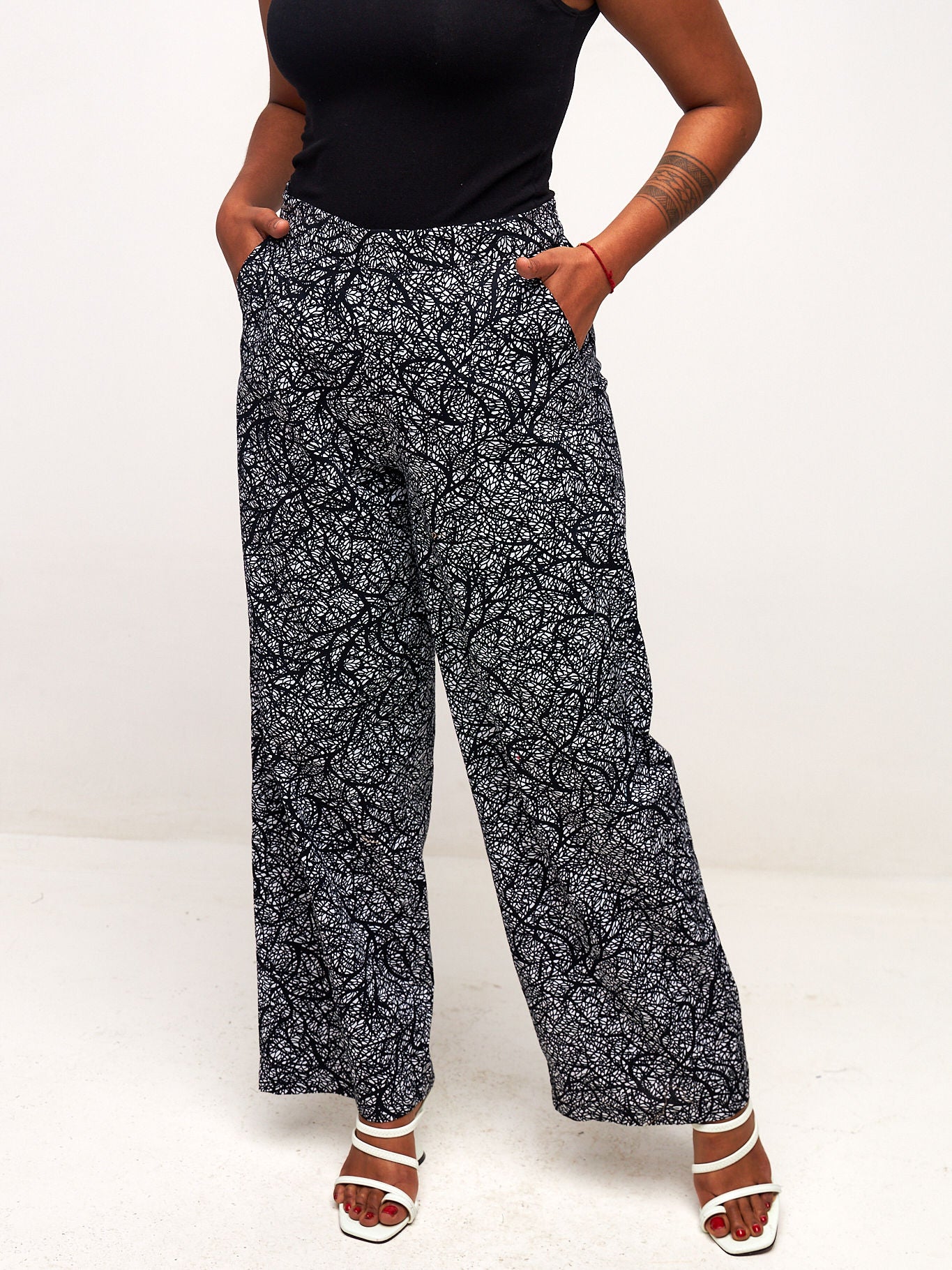 Vivo Kitenge Wide Leg Pants - Black / White Ankara Print